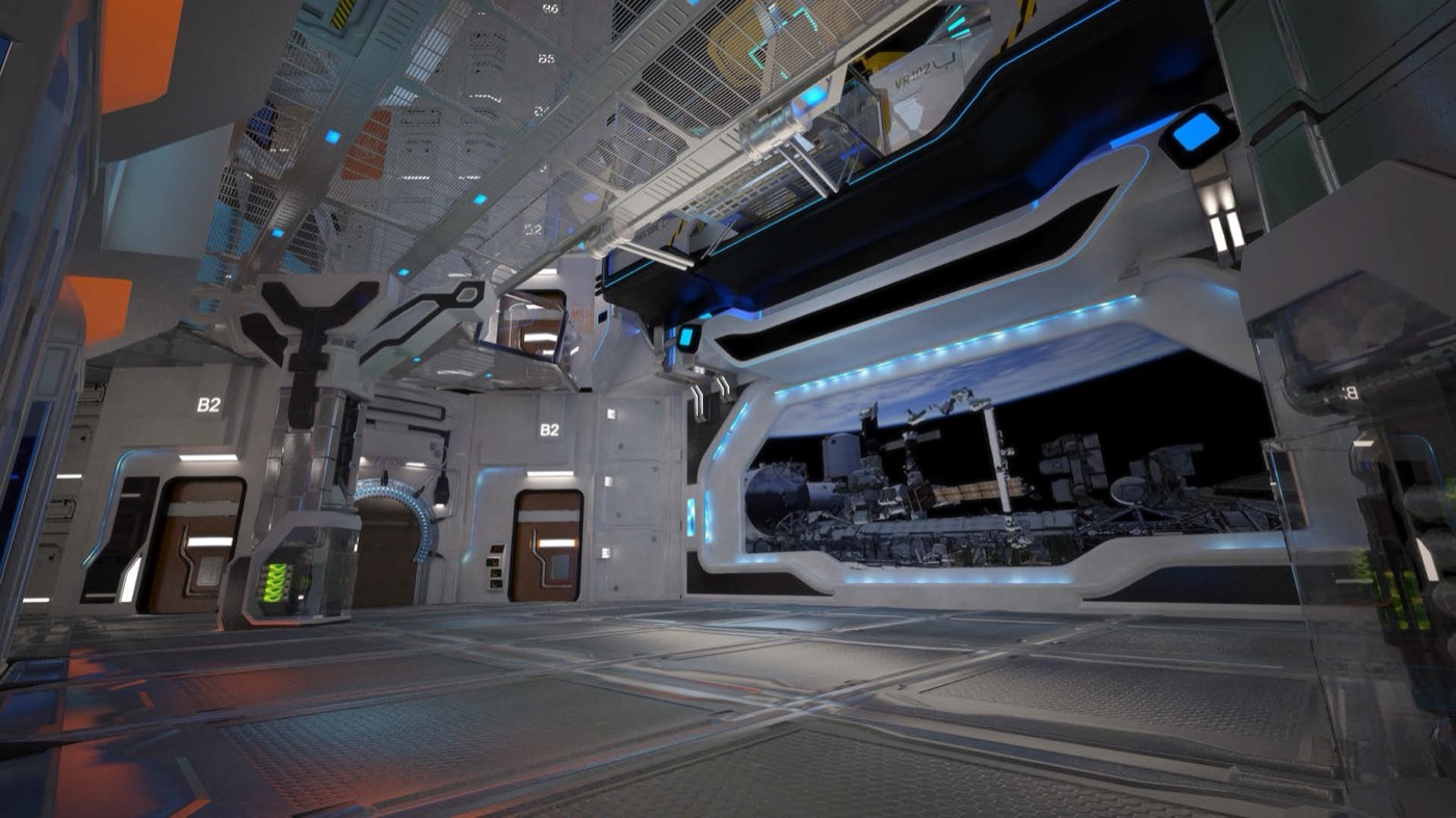 Concept render of a Juniverse space-station corridor, with viewport onto an orbiting station