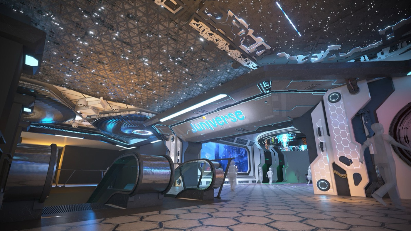 Concept render of a themed Juniverse interior with illuminated ceiling panels and crate-style consoles