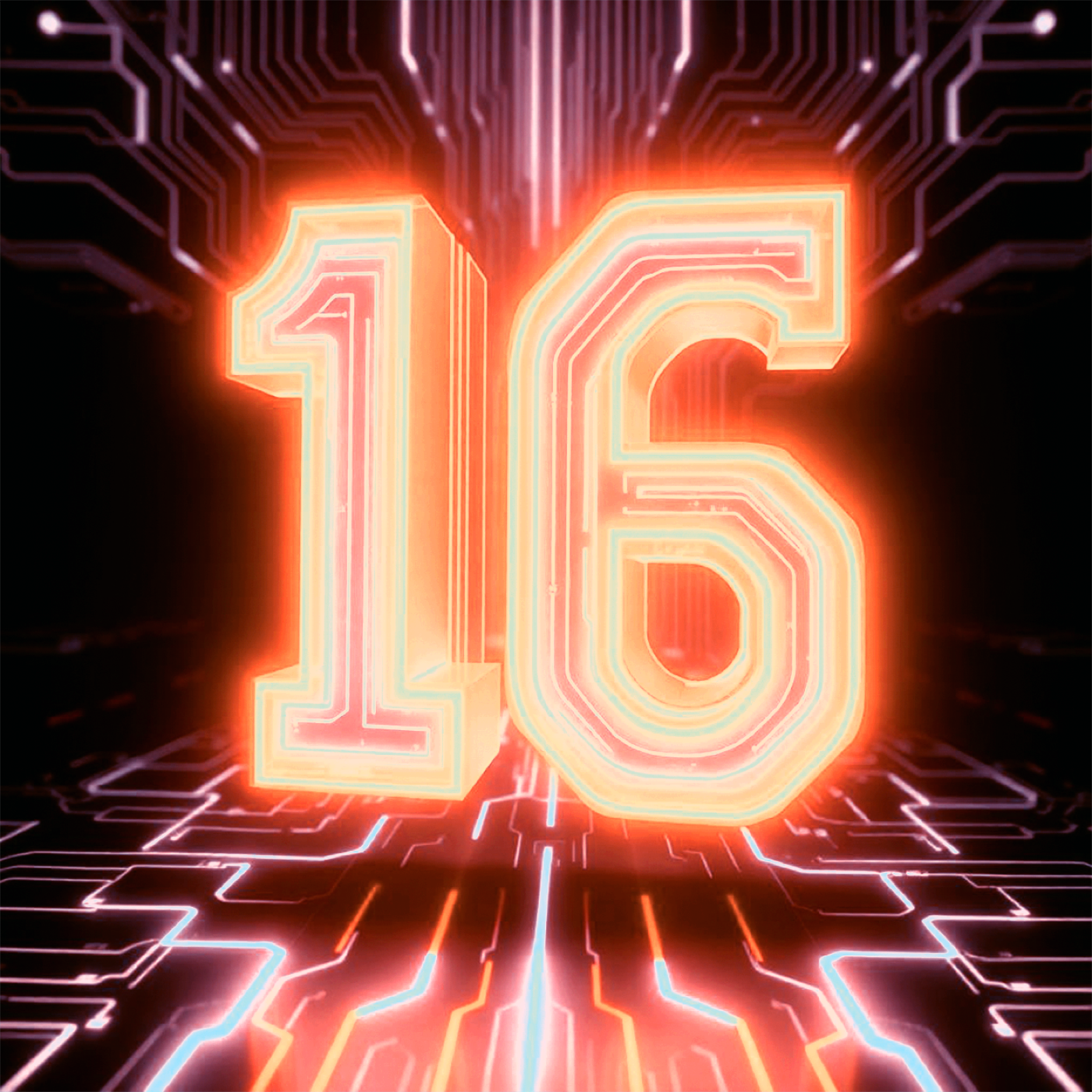 Glowing orange neon number 16 standing on a dark circuit-board floor with illuminated traces