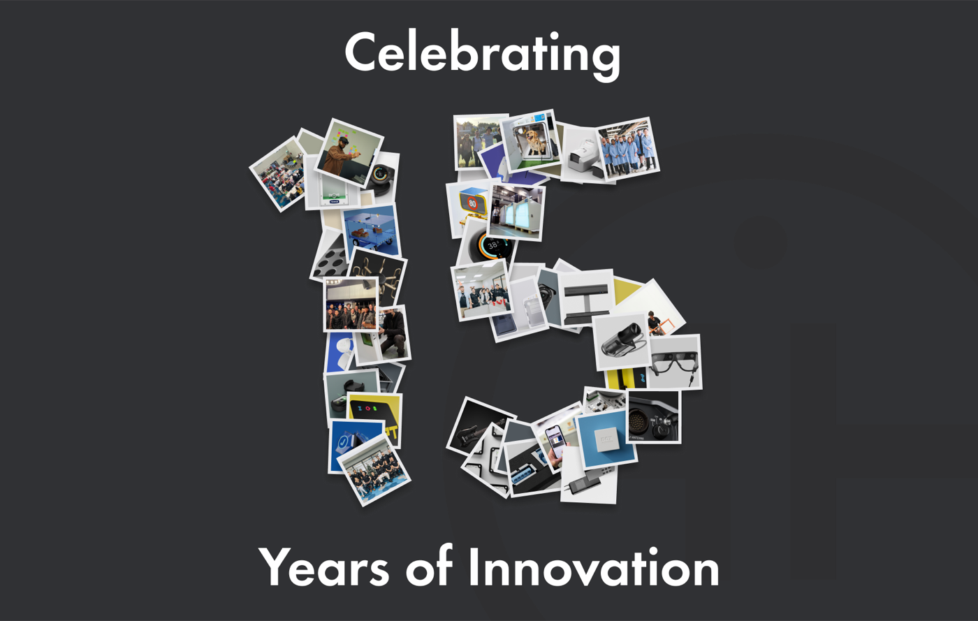 Photo collage of projects and team moments forming the number 15, between the words Celebrating and Years of Innovation