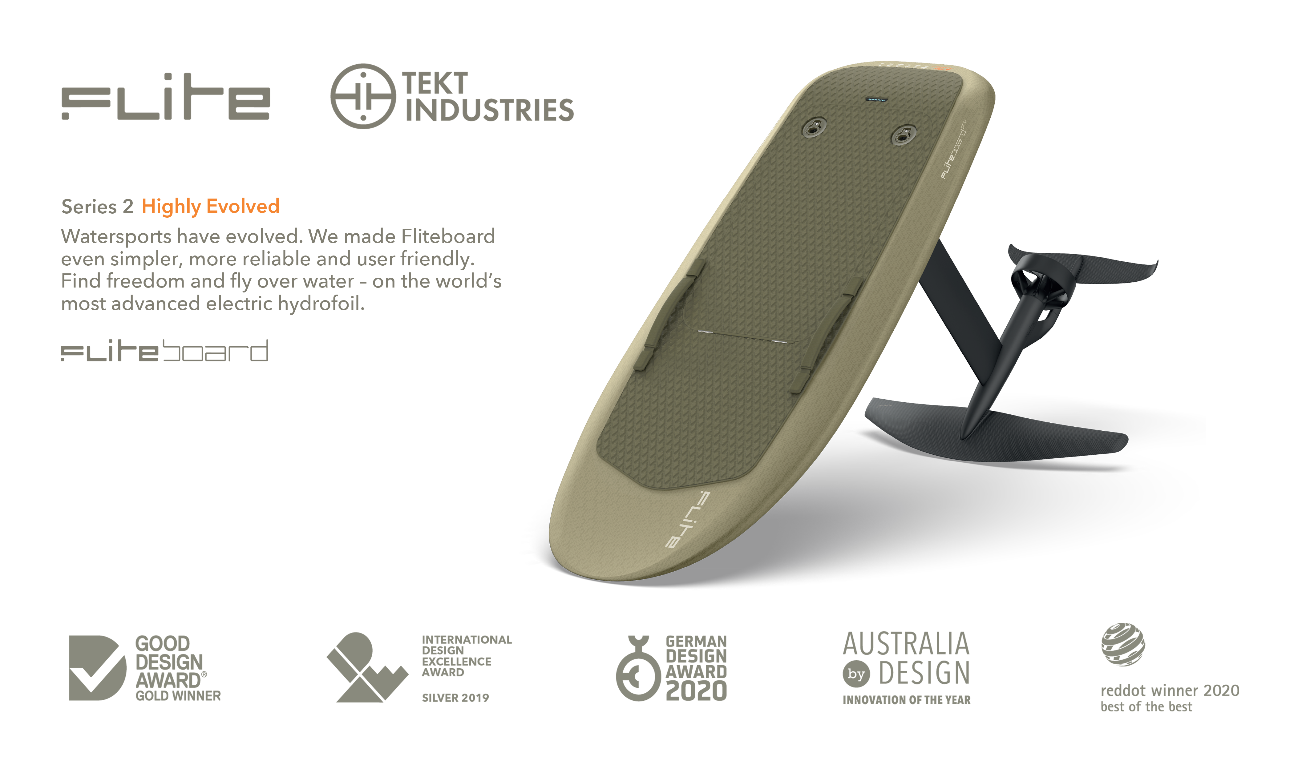 Series 2 launch graphic: olive board with hydrofoil, Flite and Tekt Industries logos, and five design award badges