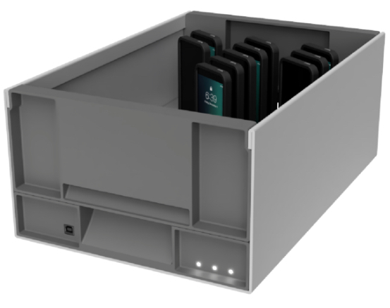 Rendering of the grey TAP-109 charging case with rows of iPods docked upright and a USB port on the front