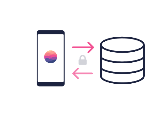 Line illustration of a smartphone exchanging data with a database cylinder over a secured, padlocked connection.