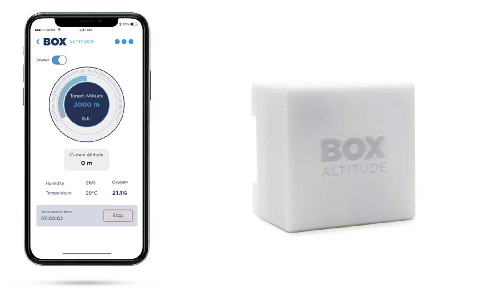 Box Altitude sensor and smartphone application shown together
