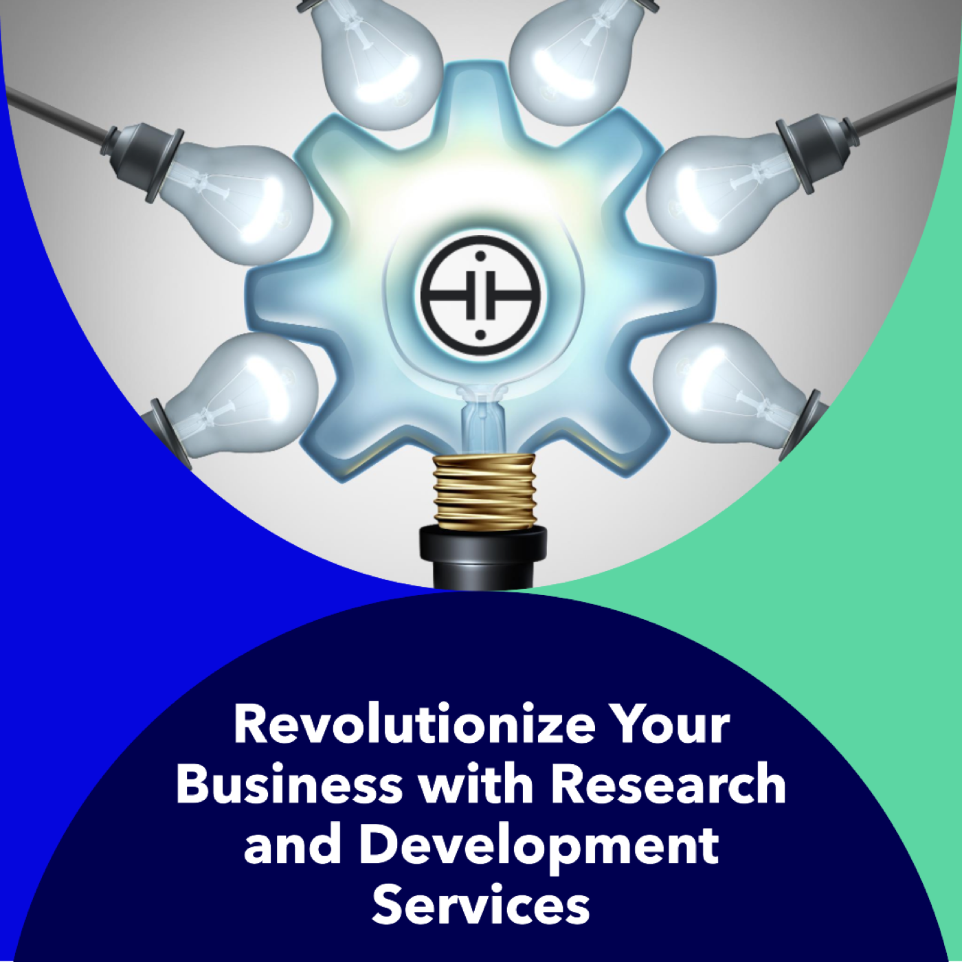Light bulbs ringing a glowing gear-shaped bulb bearing the Tekt mark, promoting research and development services