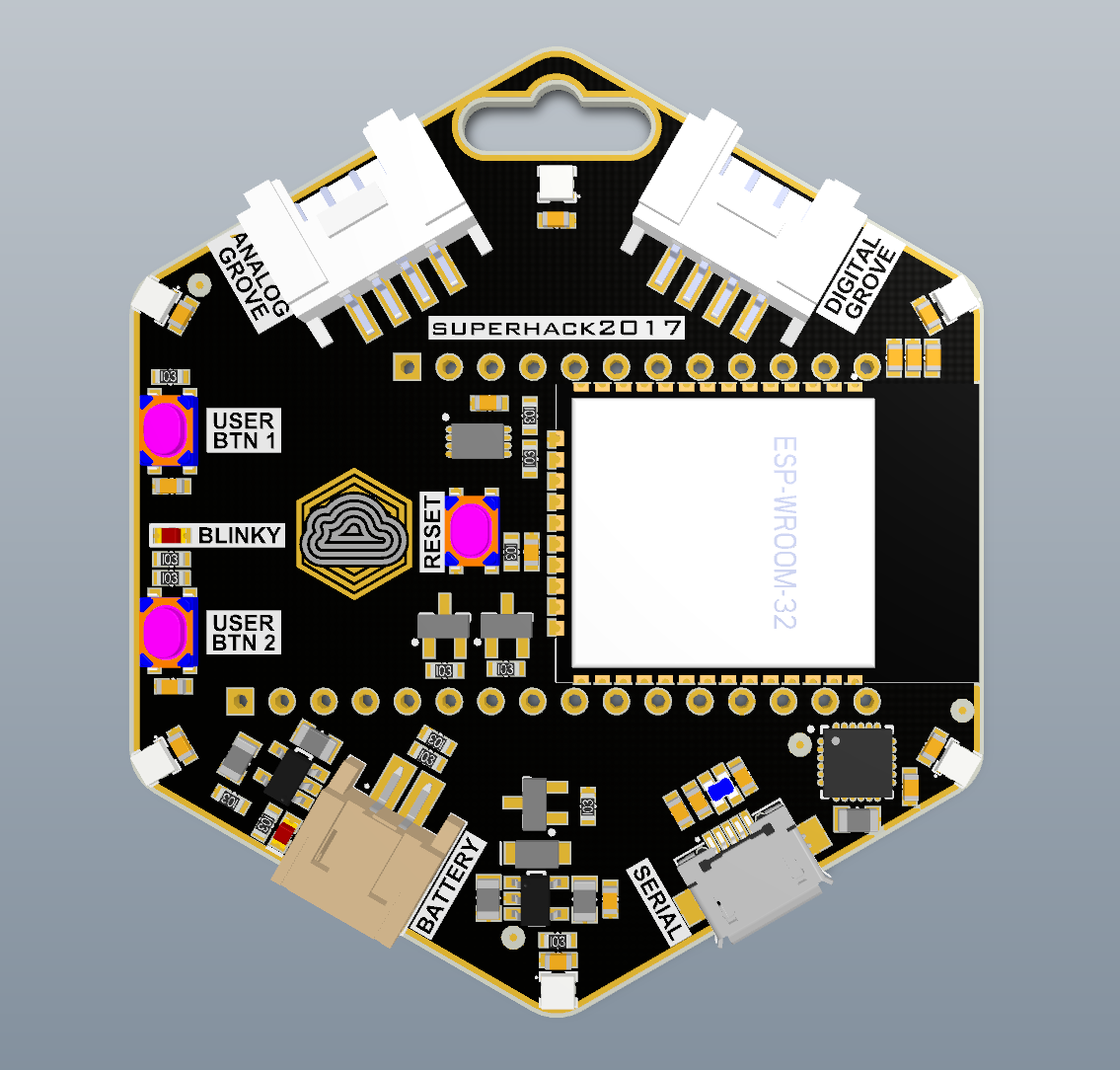 The hexagonal ESP32-based IoT devices made and donated by Tekt Industries for the SuperHack 2017 challenges