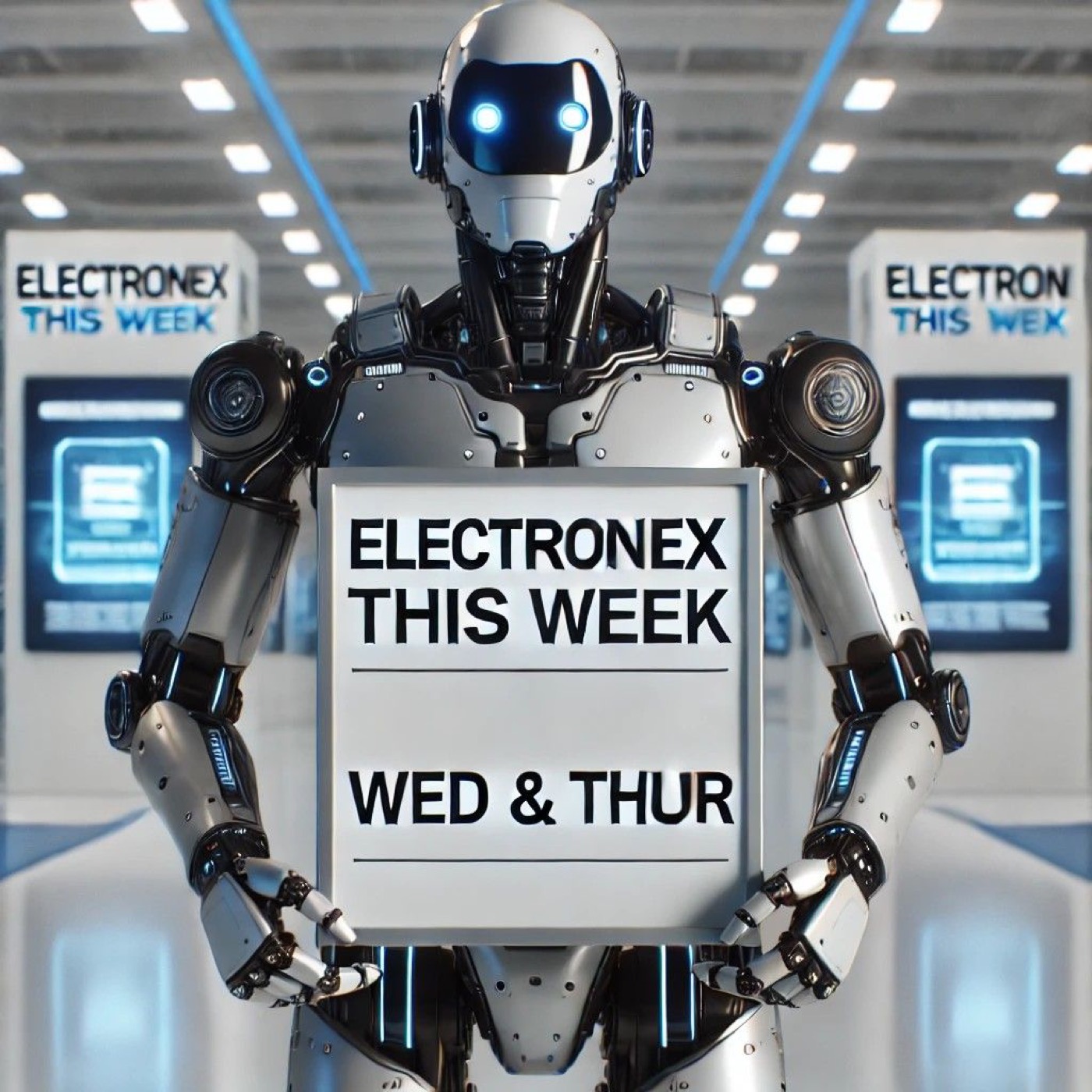 Rendered robot in an exhibition hall holding a sign reading "Electronex this week, Wed & Thur"