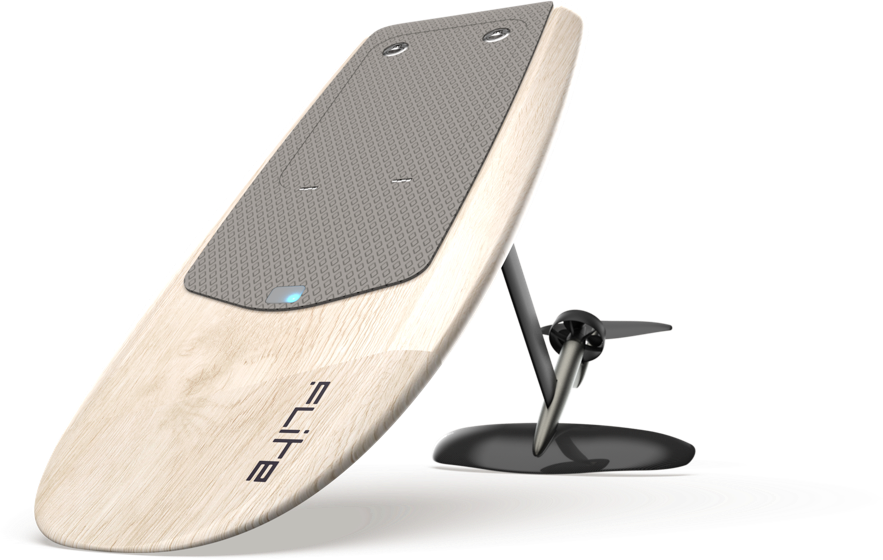 A Fliteboard electric surfboard at an angle: wood-grain deck, grey traction pad, above a black hydrofoil mast and wing