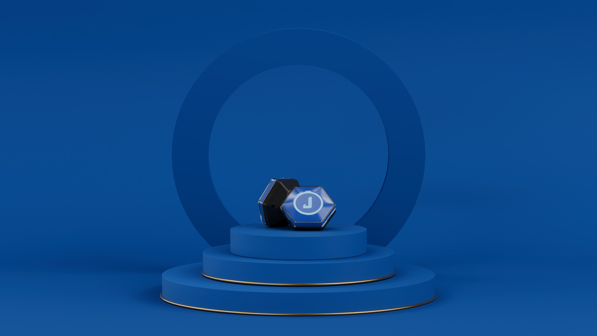 Two hexagonal reader units on a stepped blue podium, the front one showing its glowing Juniverse 'J' face