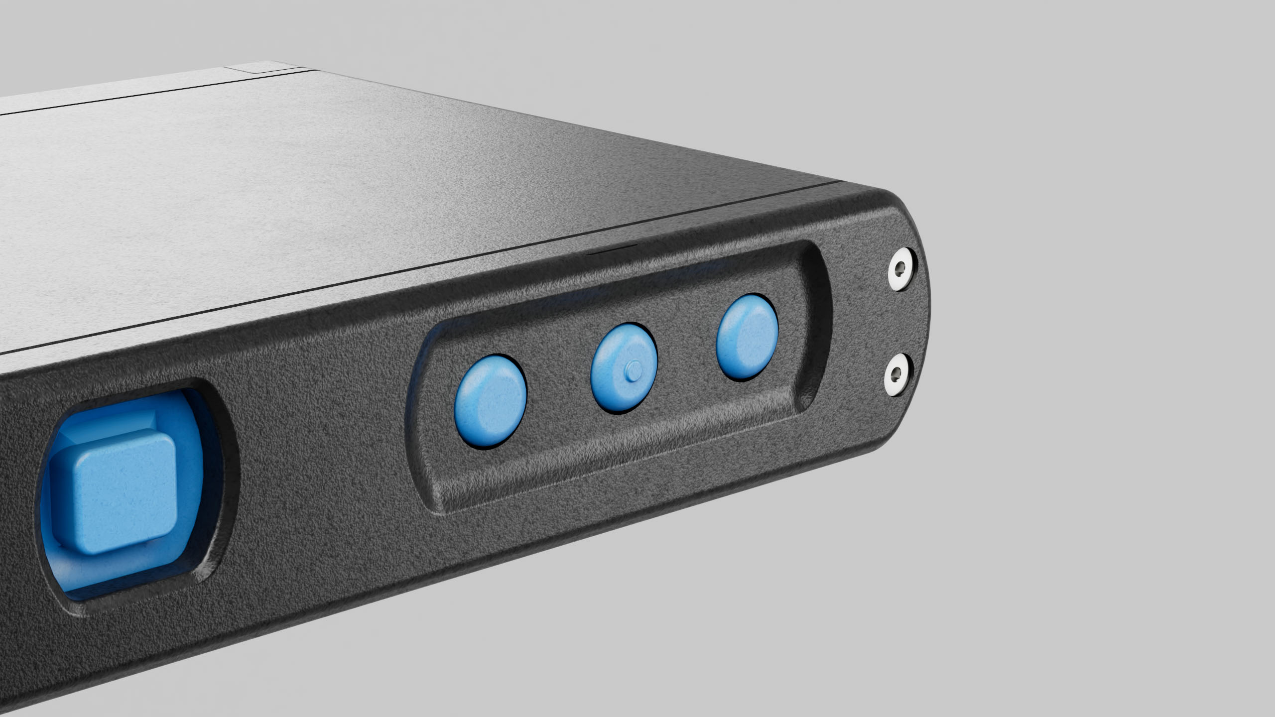Corner detail of a Bionic Vision control unit: three round blue buttons recessed into a channel and a square blue selector