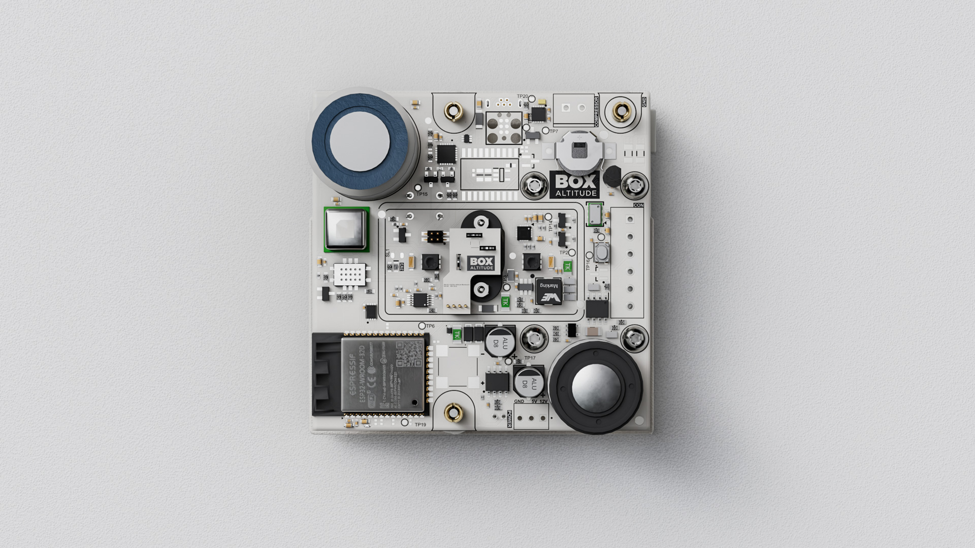 Top-down view of the sensor board: cylindrical gas sensor, ESP32-WROOM module, coin cell and labelled power connectors