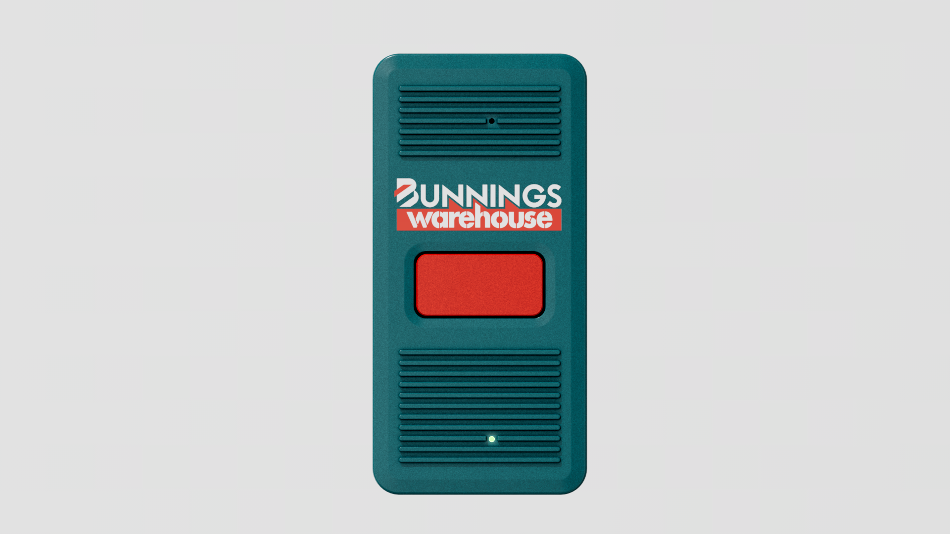 Front face of the teal intercom endpoint, with speaker grilles, the Bunnings Warehouse logo and a single red talk button
