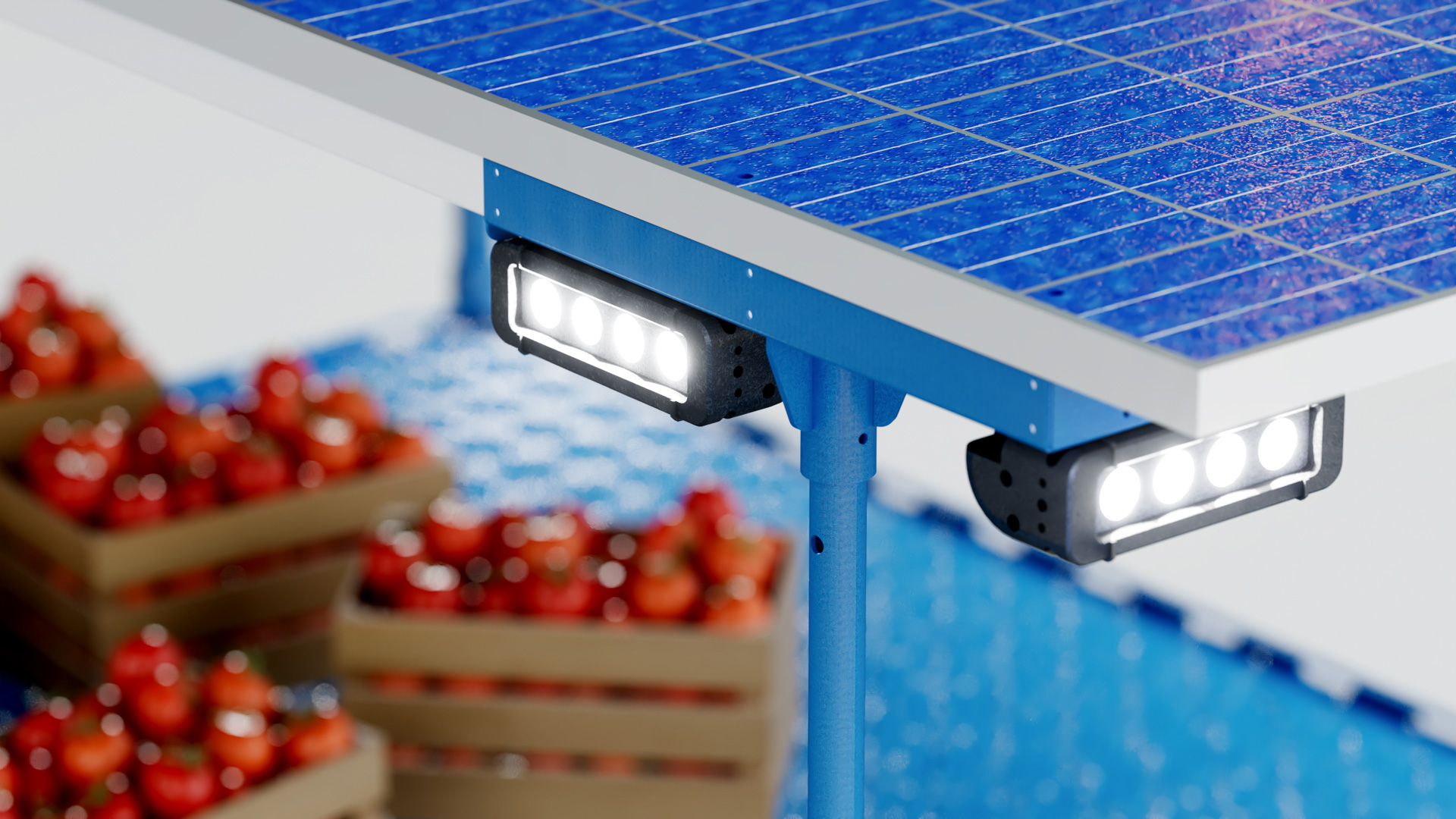 Two lit LED work lights mounted under the FieldBot's solar panel canopy, crates of tomatoes blurred on the deck below