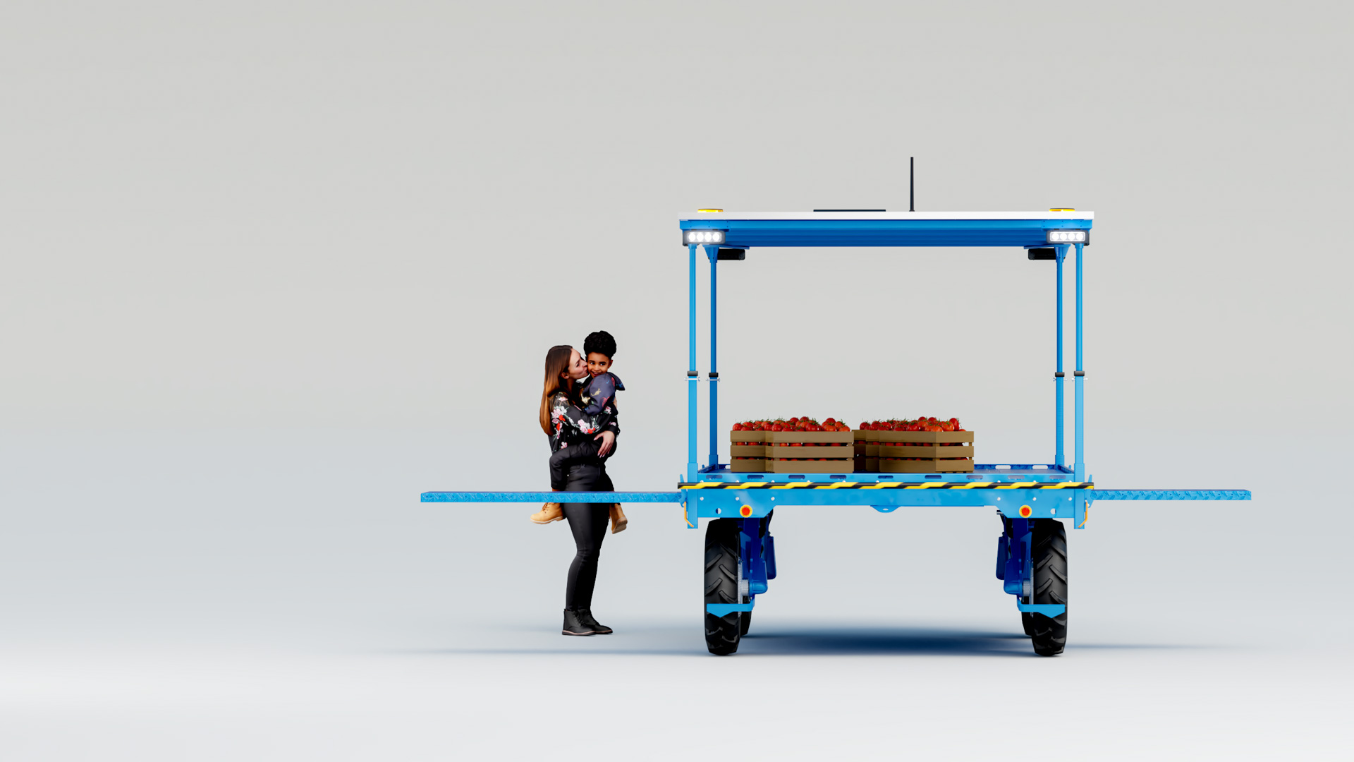 Side view of the FieldBot harvest platform, solar canopy over crated tomatoes, with a woman holding a child beside it
