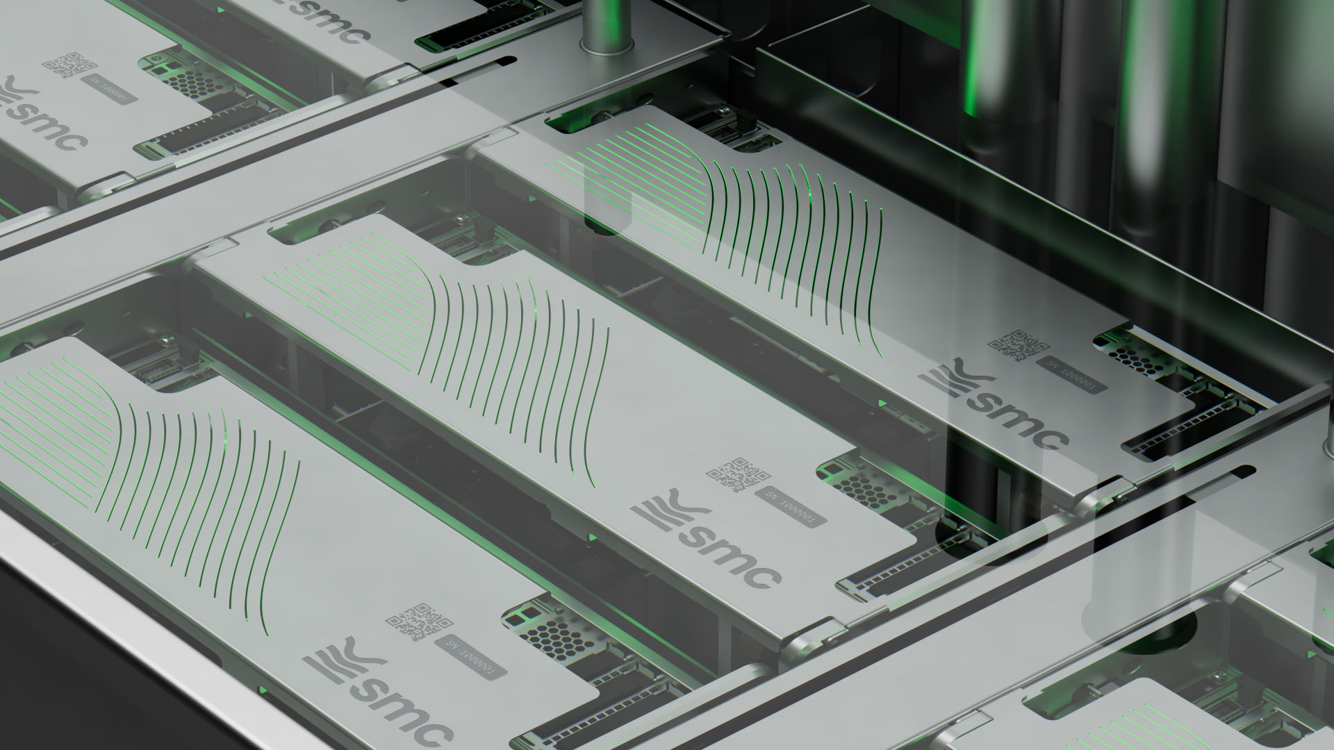 Rows of chassis trays with curved vent patterns, engraved smc branding and serial QR codes, lit green from below