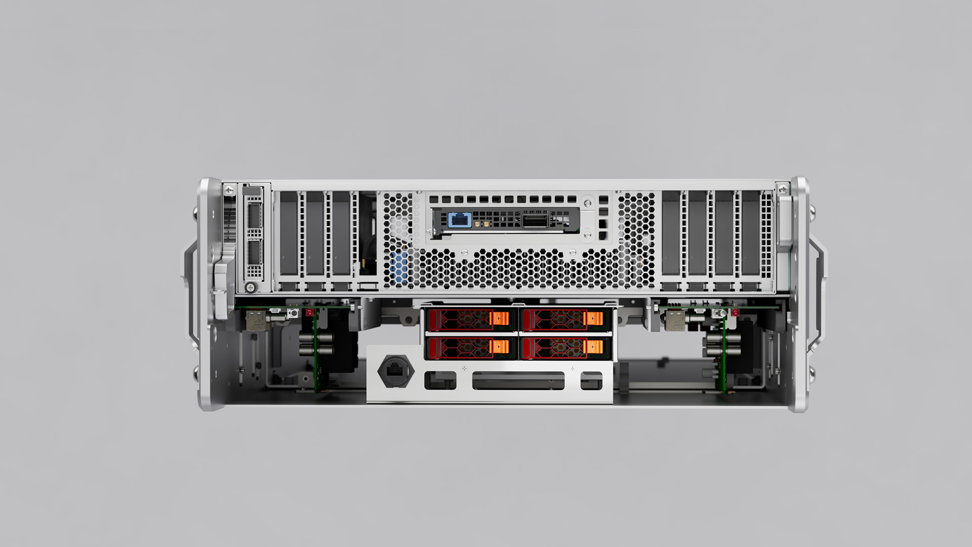 End view of the immersion chassis showing vented panels, a network card and four drive bays with orange latches