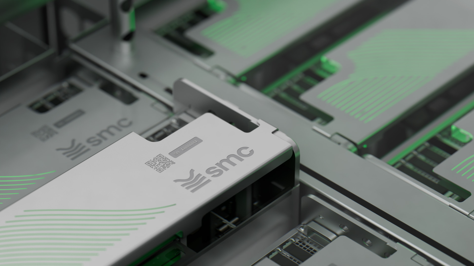 Close-up of a chassis tray corner with engraved smc logo, QR code and serial number, more green-lit trays behind