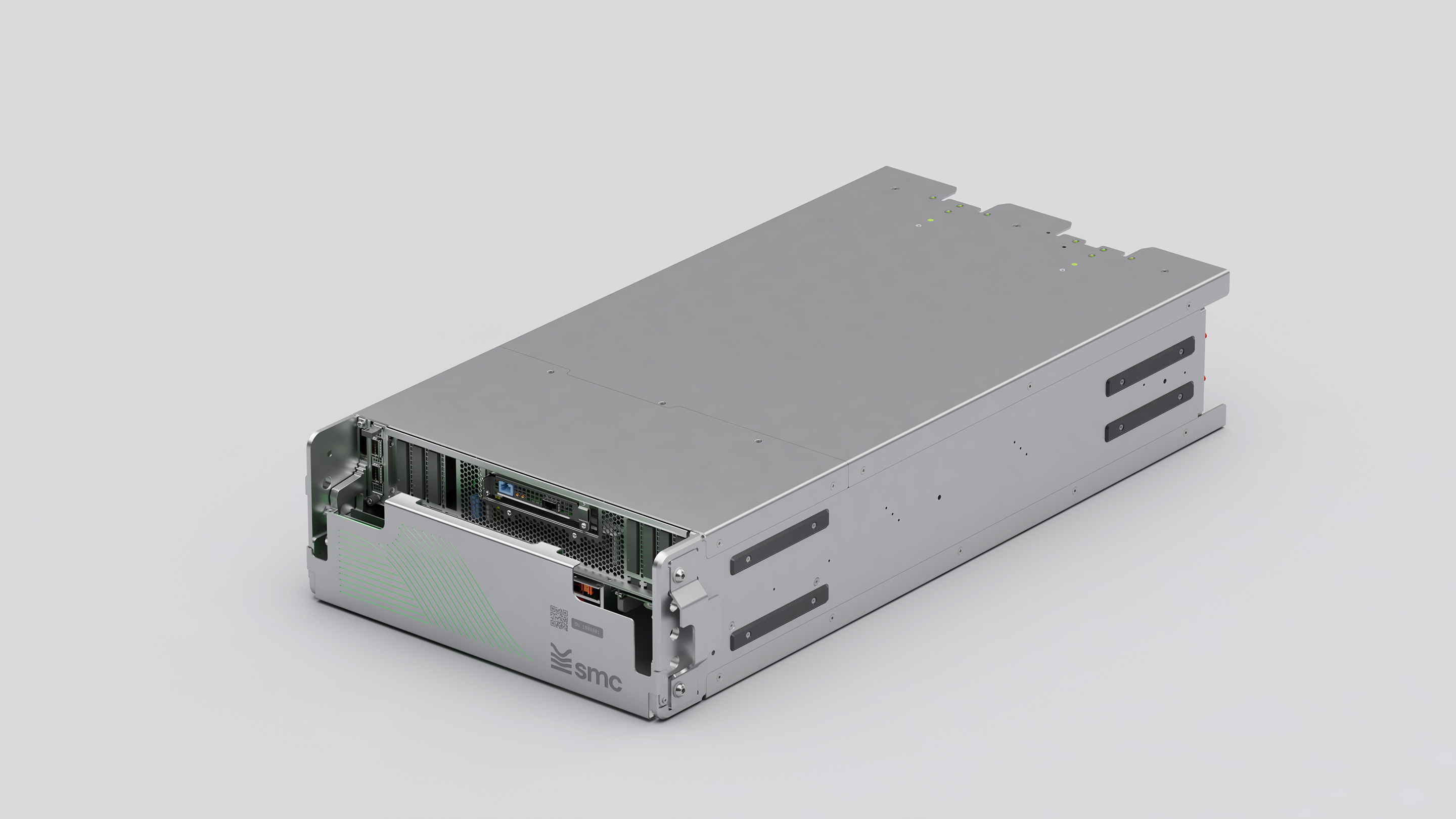 Complete server chassis in silver metal, viewed from above at an angle, with smc branding and vents on the end face