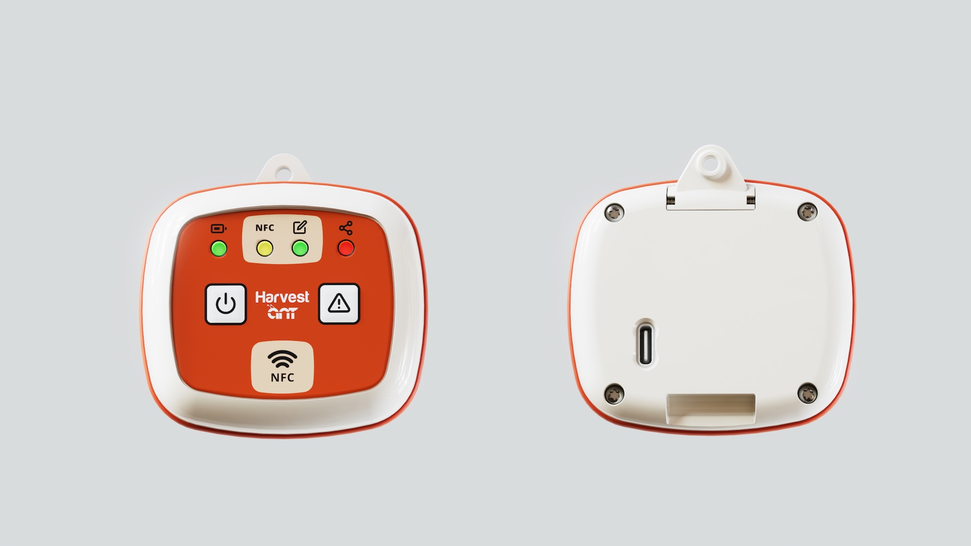 Front and back of the picker wearable: orange face with buttons and status LEDs, white back with USB-C port and hinged clip