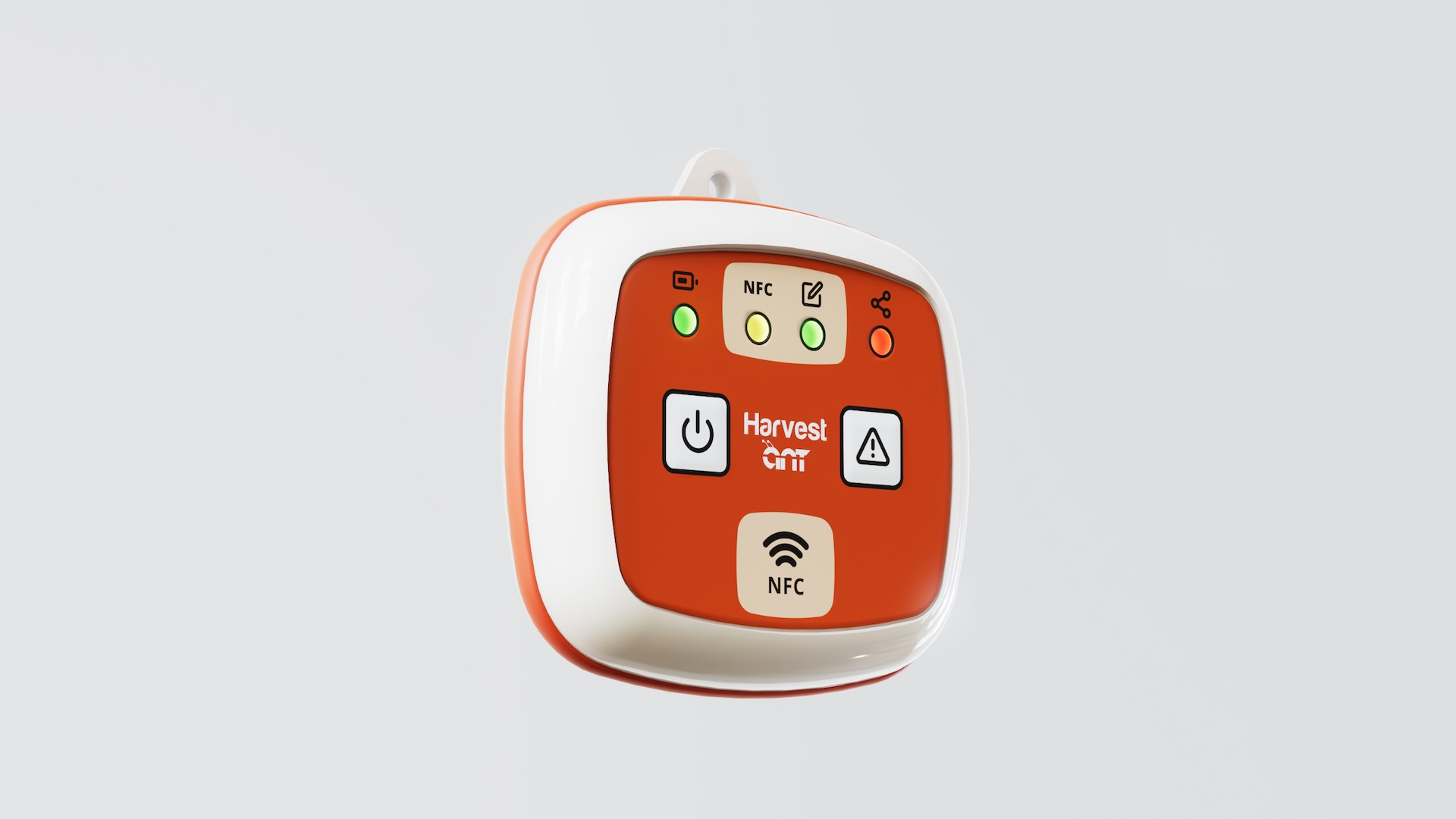 Single wearable unit with orange faceplate, power and alert buttons, four status LEDs, NFC pad and a lanyard lug on top