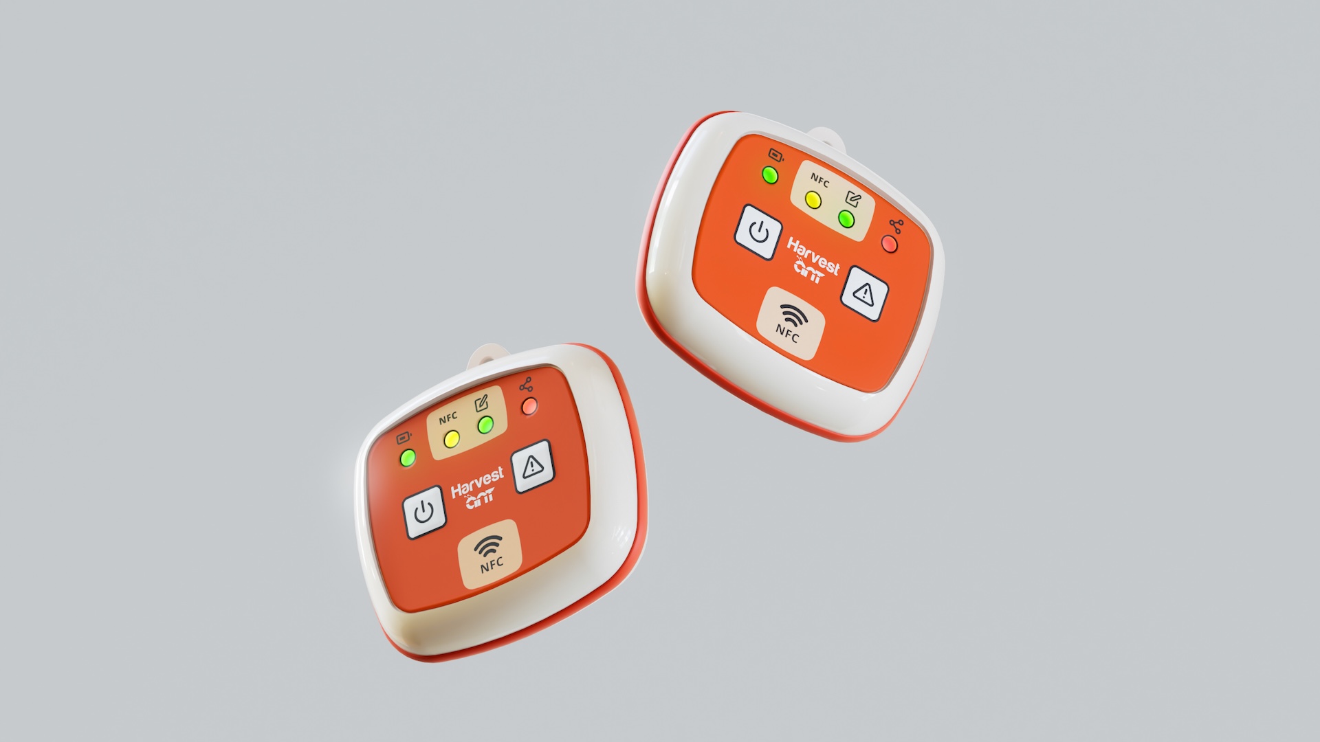 Two RFID-scanning wearables floating against grey, orange faceplates with buttons, status LEDs and NFC touch pads