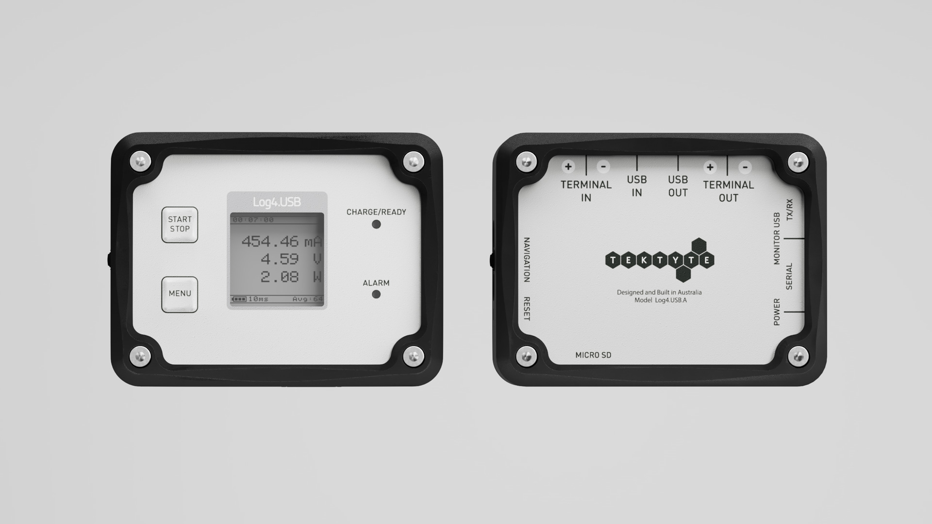 Front and rear of the Log4.USB meter, its display reading 454.46 mA, 4.59 V and 2.08 W beside labelled ports
