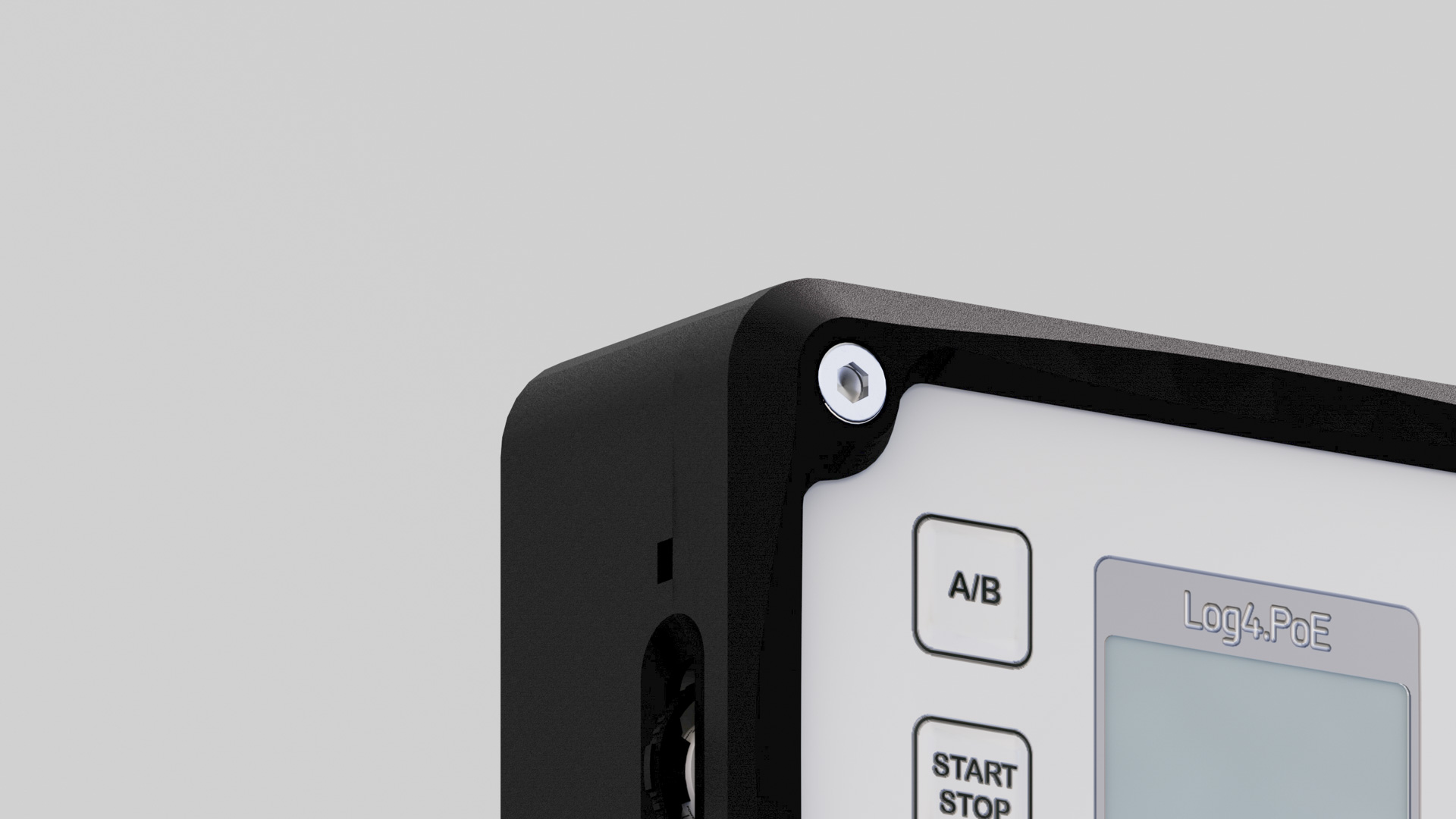 Corner close-up of the Log4.PoE meter's black enclosure, its white faceplate carrying A/B and start-stop buttons