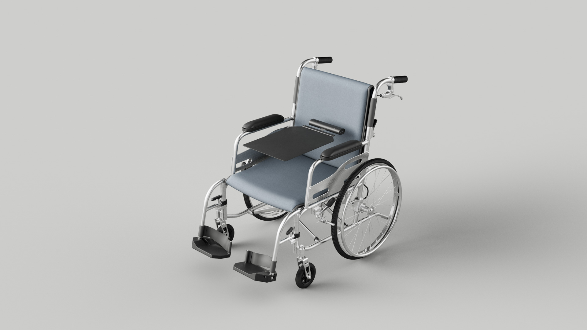 Manual wheelchair with the black pressure-sensing mat on its seat and the cylindrical control unit mounted at the backrest