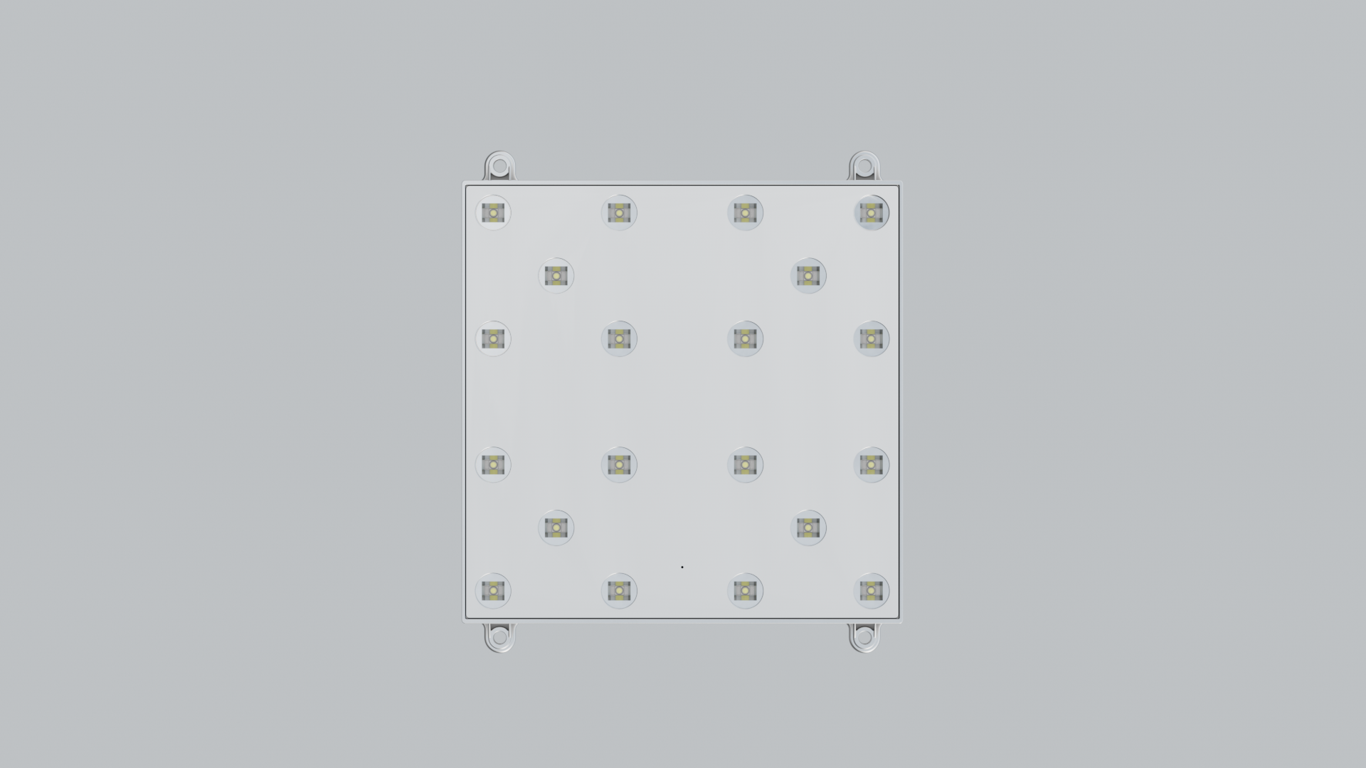 Top-down render of the square light engine, a staggered grid of round LED lenses with eyelet mounting tabs on two edges