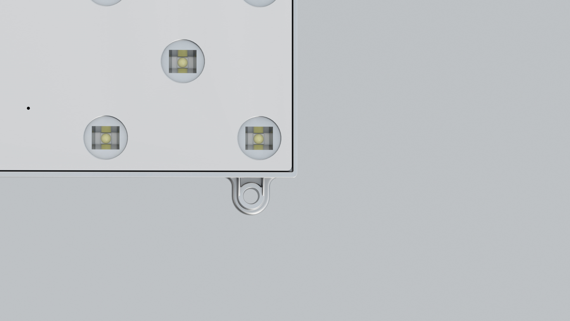 Close-up render of the engine's corner, round lenses each holding a square Cree LED emitter, with an eyelet mounting lug