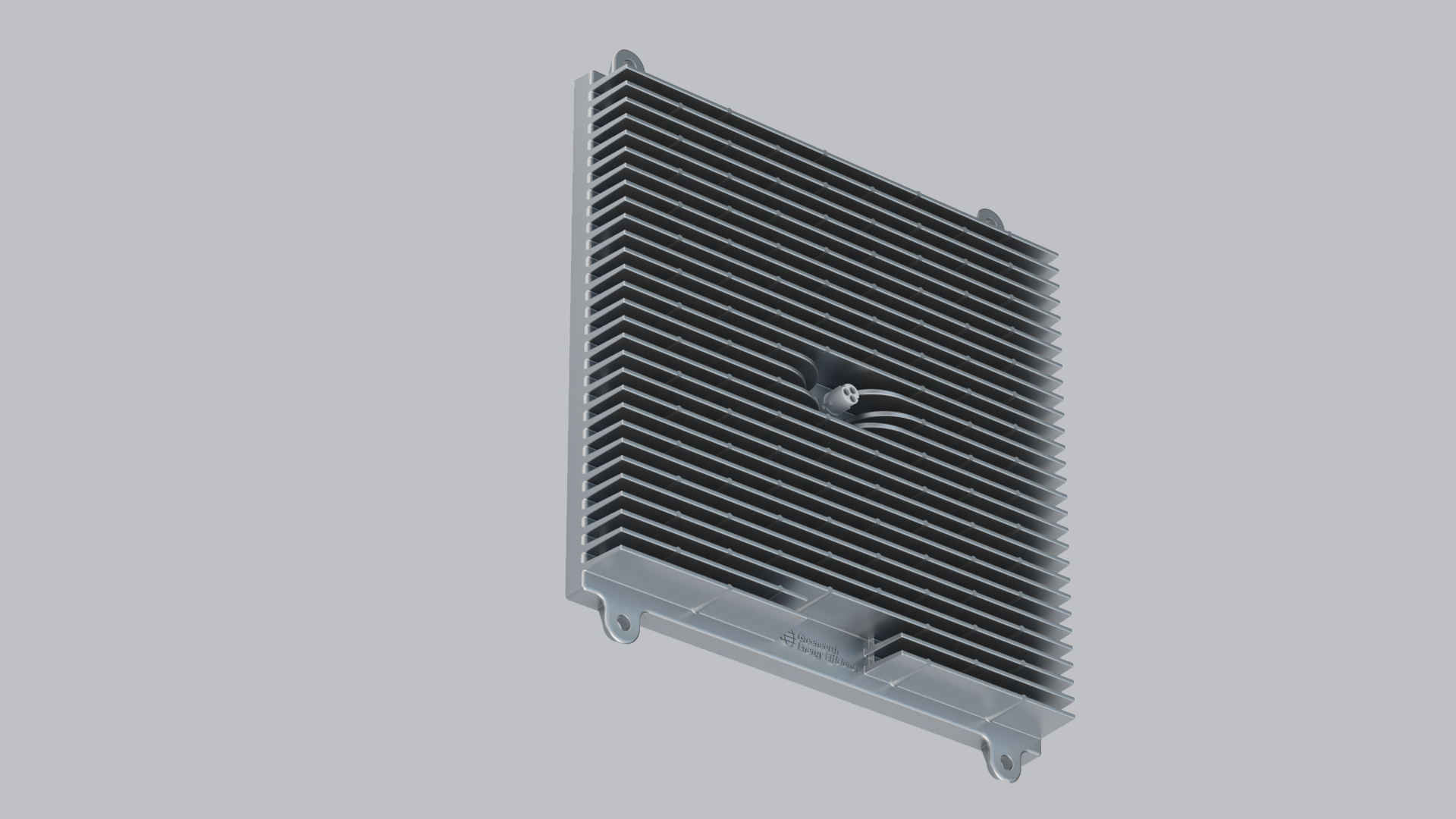 Rear render of the light engine, rows of heatsink fins with a recessed central bus connector and corner mounting tabs