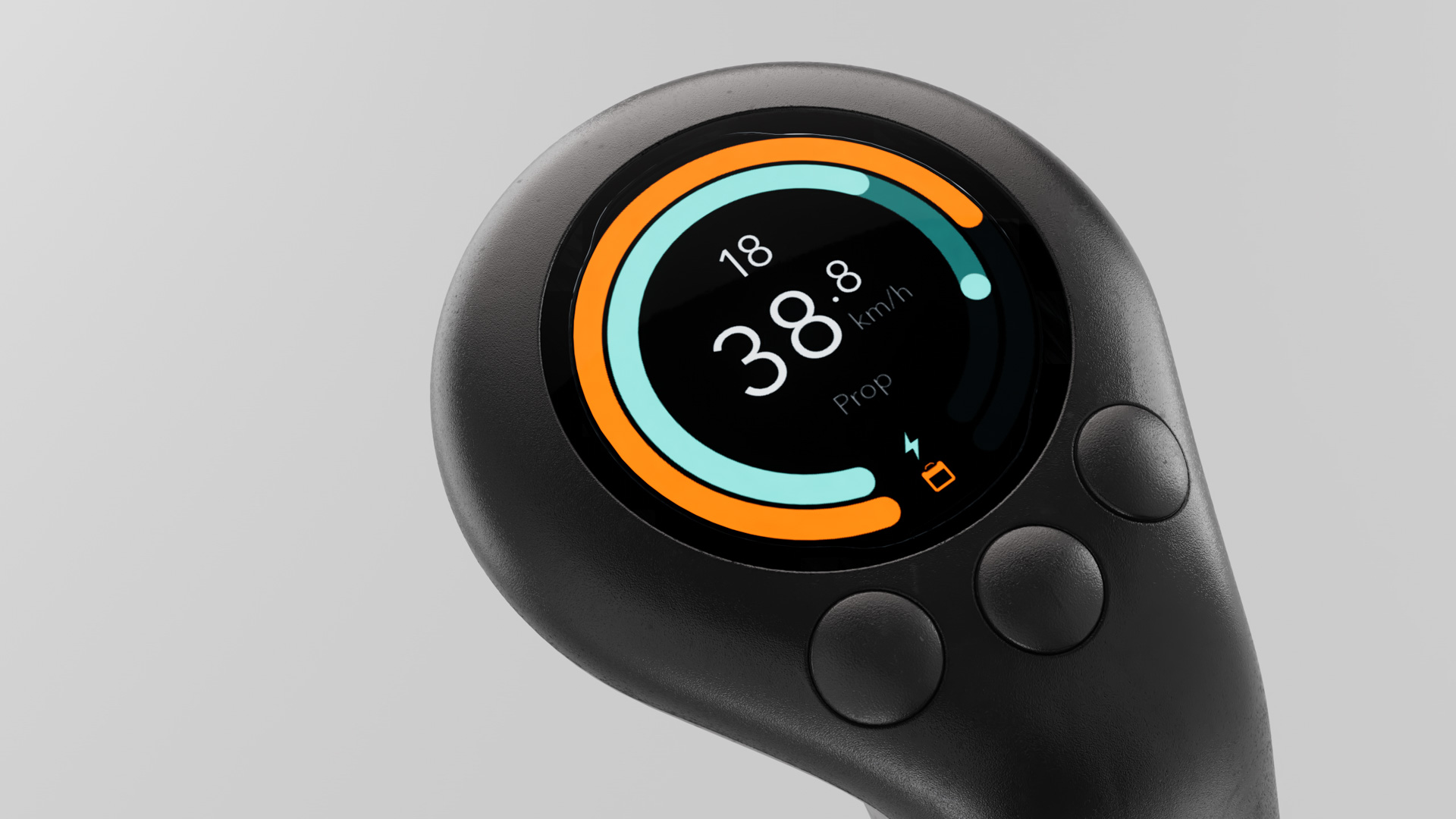 Circular display of the black eFoil controller reading 38.8 km/h inside orange and aqua gauge arcs, three buttons below