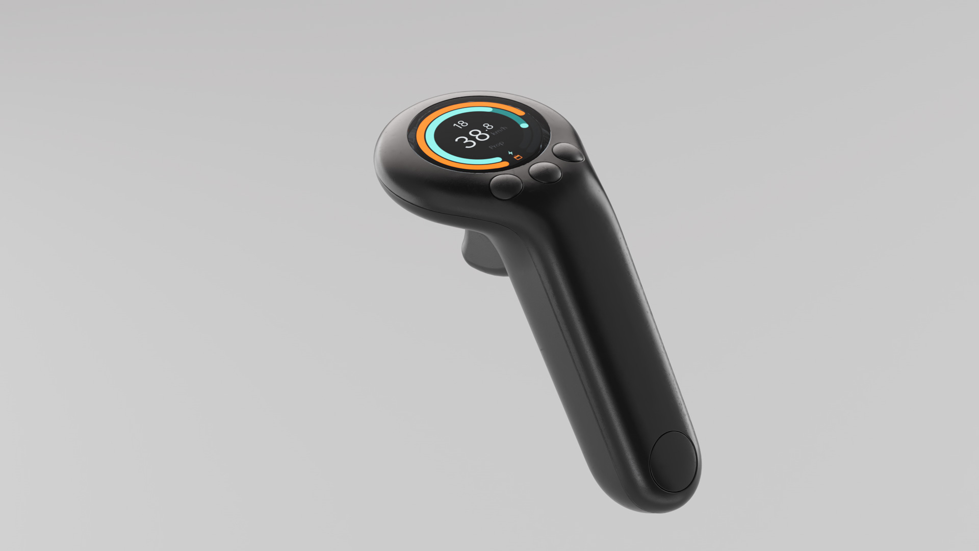 Black pistol-grip eFoil controller floating at an angle, its circular display lit with orange and aqua speed arcs