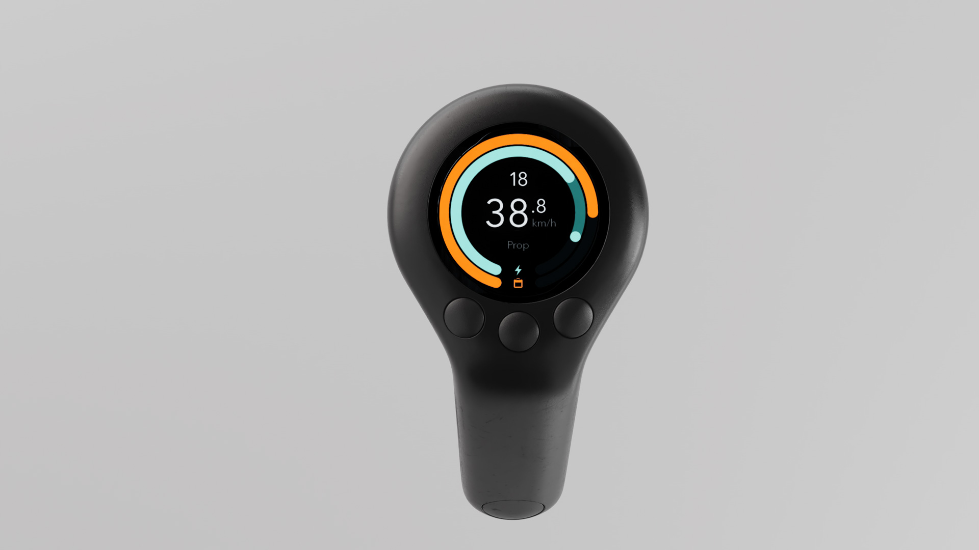 Front view of the black controller, its round display reading 38.8 km/h with orange and teal arcs above three buttons