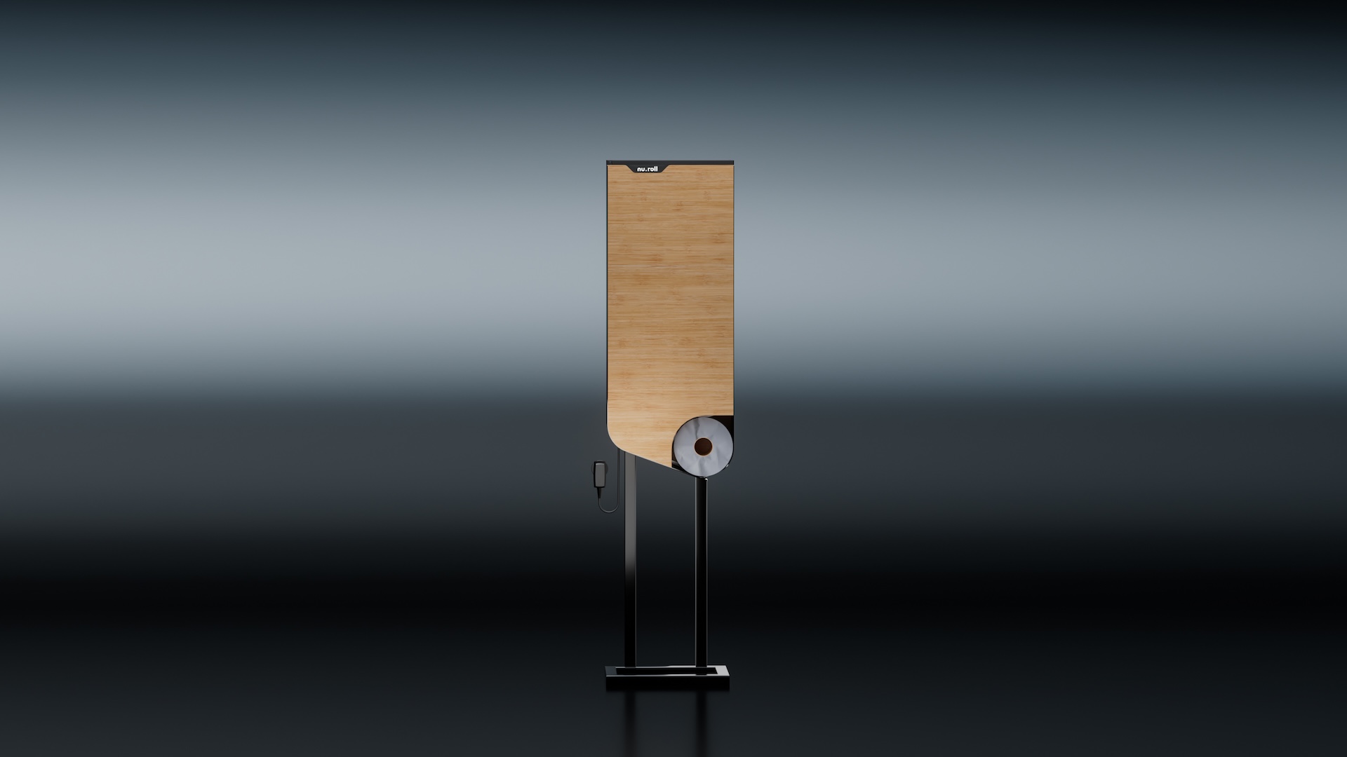Slim NuRoll storage unit on a floor stand, bamboo front panel with a paper roll presented in a cutout at its base