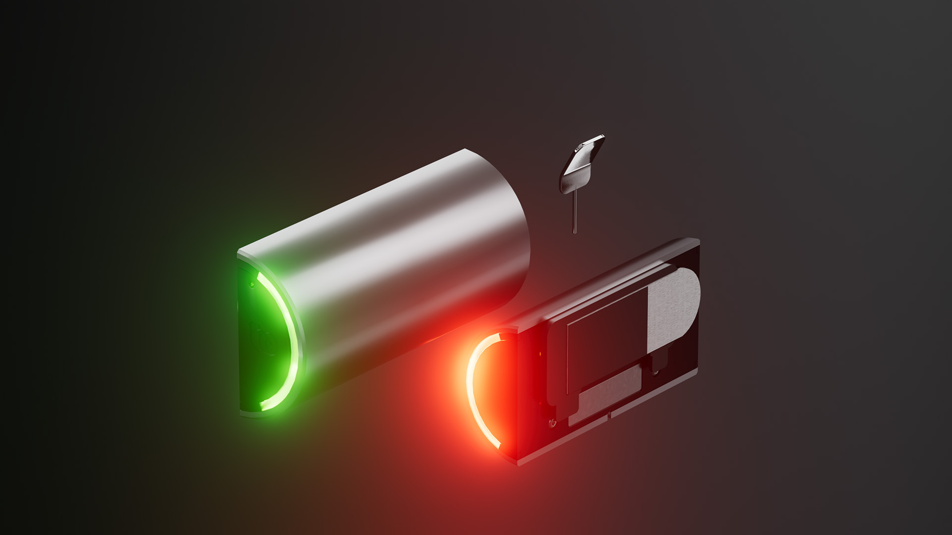 Two NuRoll roll sensors on a dark ground, one glowing green and one red, with a small mounting pin between them