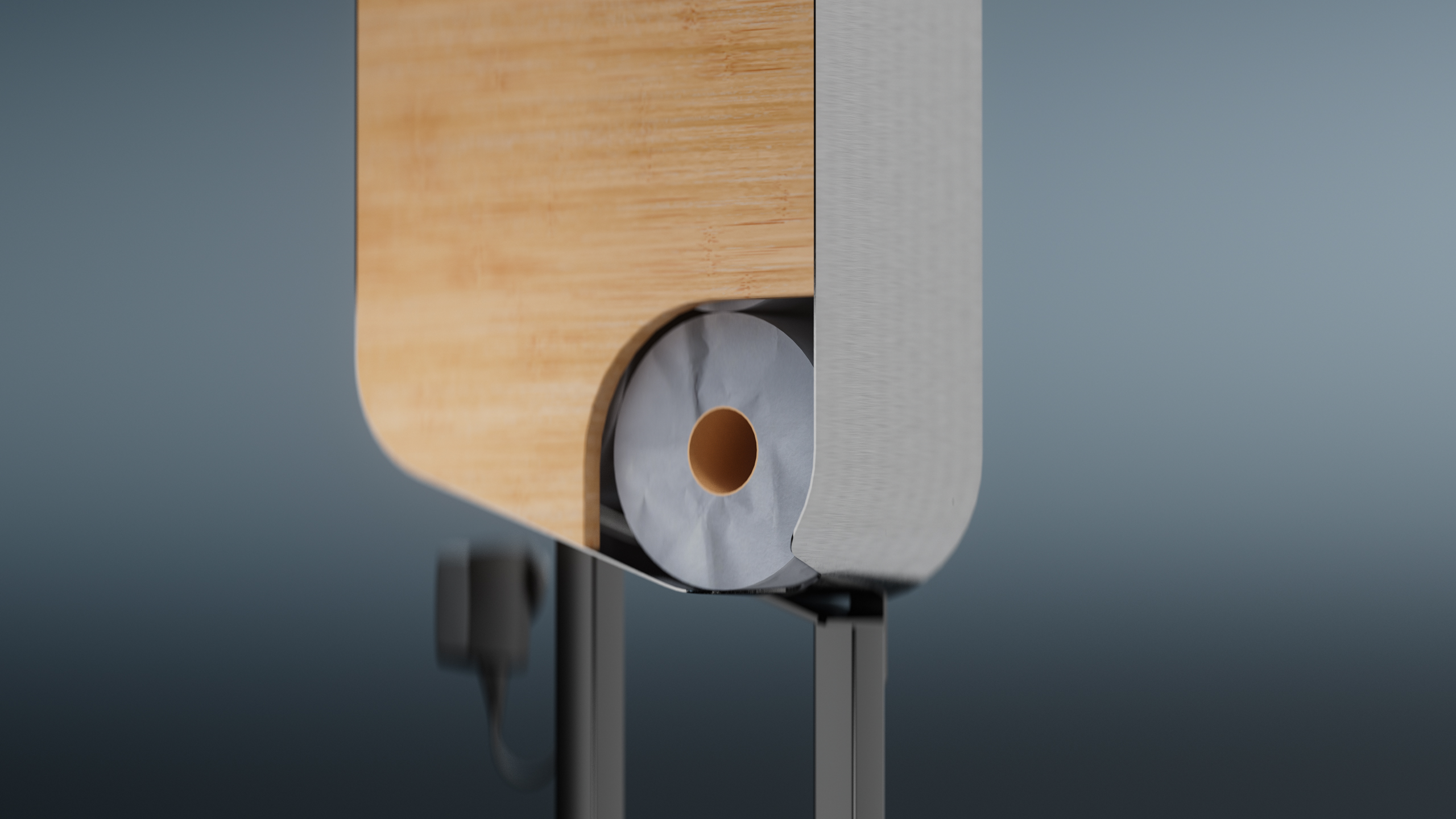Detail of the NuRoll storage unit's rounded cutout, a toilet roll held between the bamboo front and aluminium side