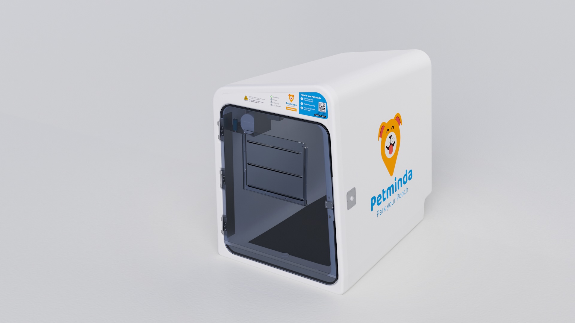 A single Petminda pod at three-quarter view, its glass door closed, with the Petminda Park your Pooch branding on the side panel