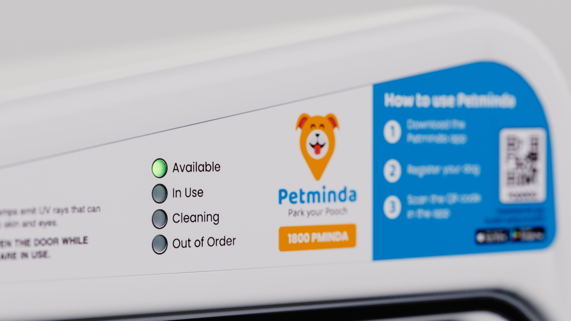 Close-up of the pod's status panel: Available, In Use, Cleaning and Out of Order indicator lights beside the three-step instructions and booking QR code