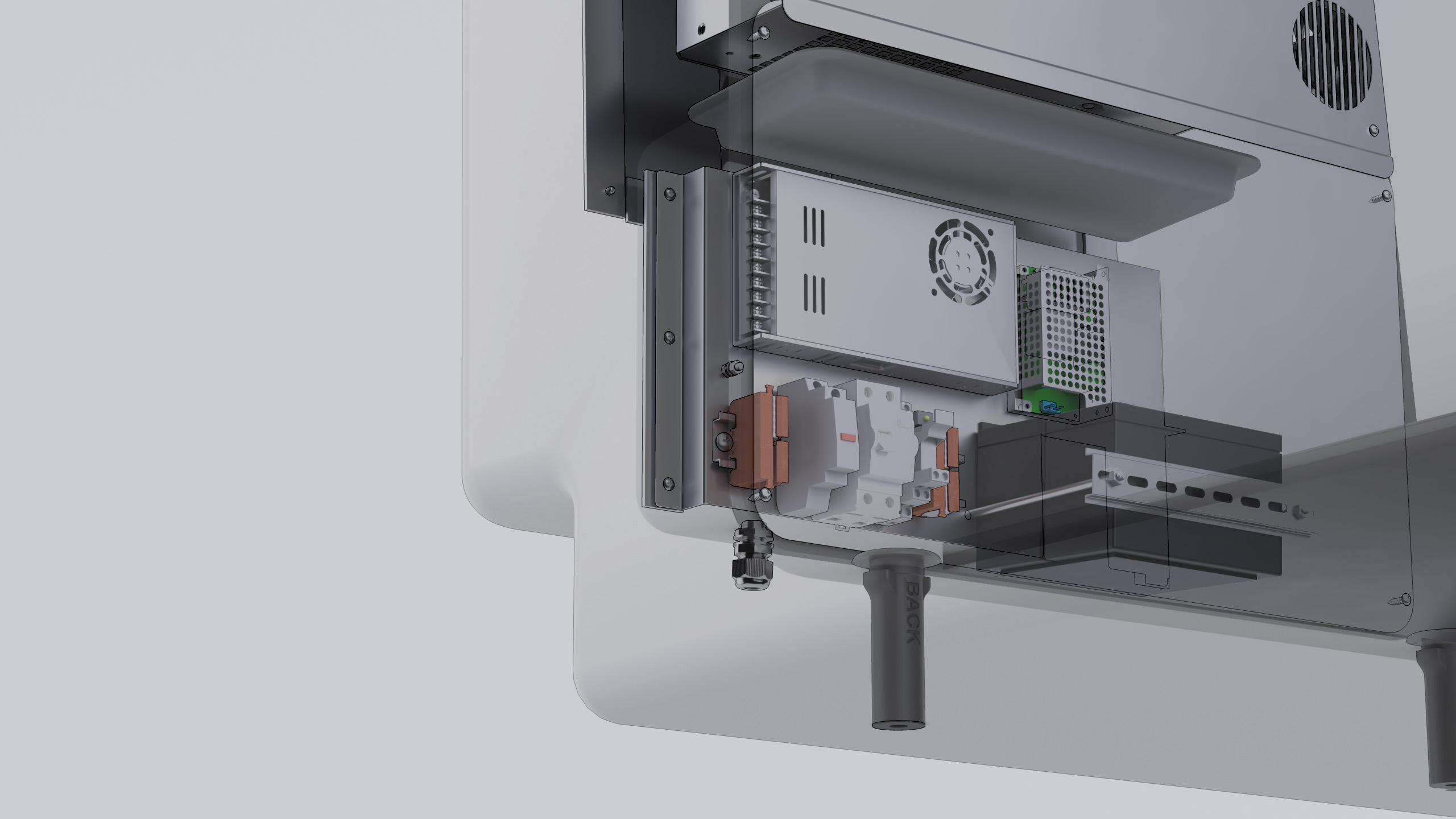 Cutaway detail of the pod's electrical bay: DIN-rail circuit breakers, the switched-mode power supply and the control board mounted behind the fibreglass shell