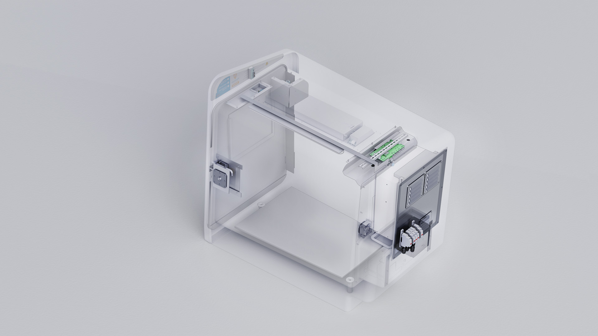 X-ray view of a Petminda pod showing the internal layout: the ducted air-conditioning and control board above the animal's space, the door lock mechanism, and the switchgear behind the rear panel