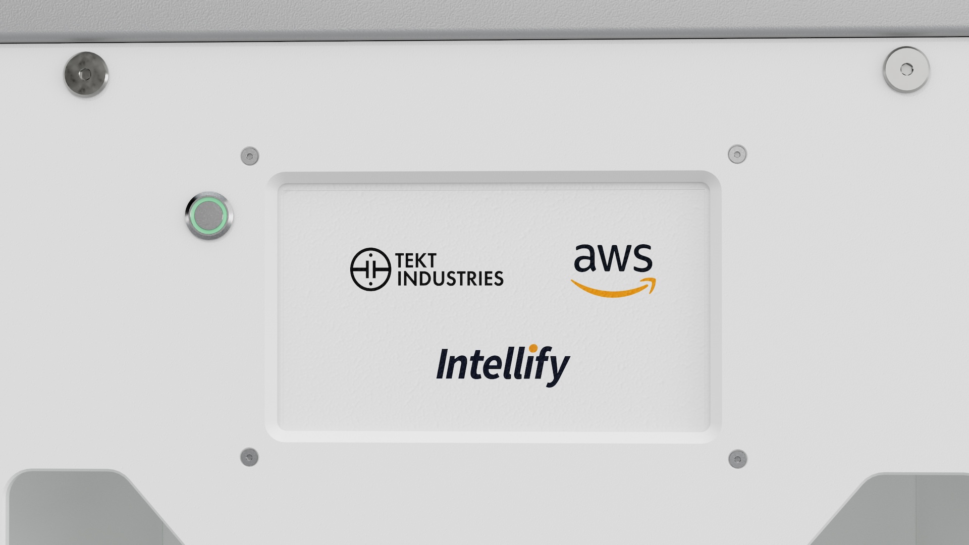 Tekt Industries, AWS and Intellify logos on the rig's white front panel, beside a green-ringed illuminated power button