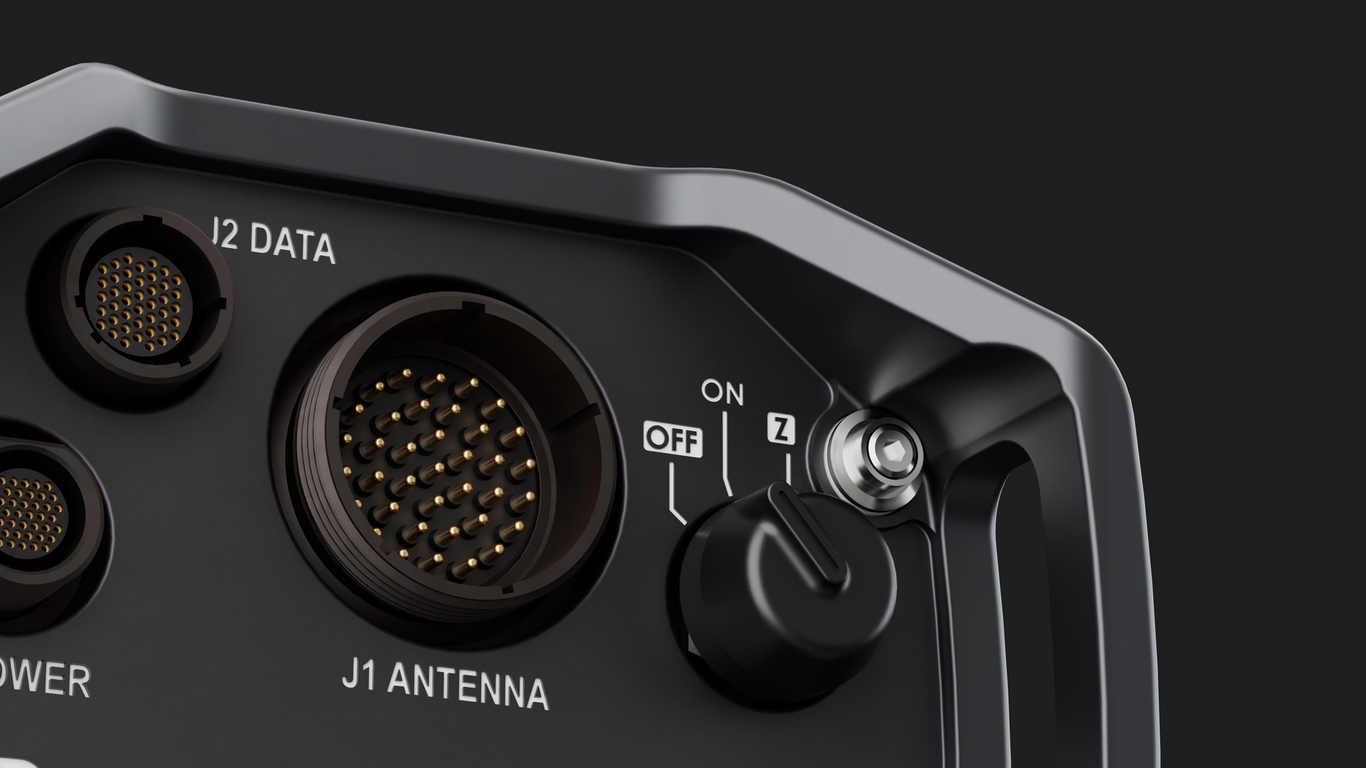 The M8's connector panel: circular connectors labelled J1 ANTENNA, J2 DATA and POWER beside an OFF/ON rotary switch
