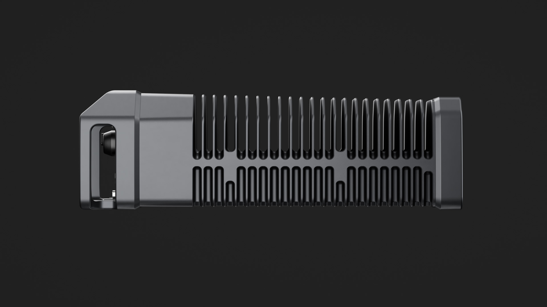 Side view of the M8 enclosure: two rows of deep cooling fins along its length, a carry handle at one end, no fan
