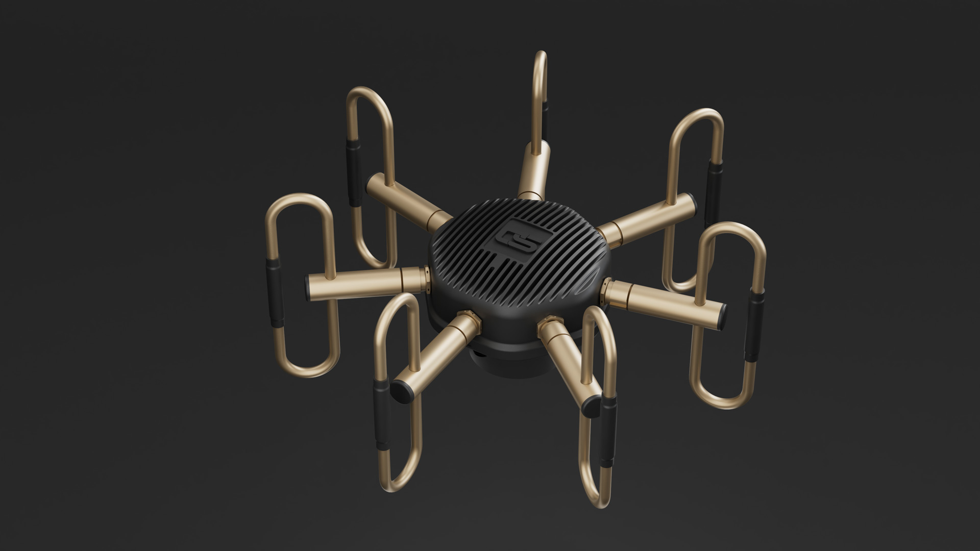 The phased array masthead: a finned circular hub with the Silentium mark and brass loop antenna elements radiating out