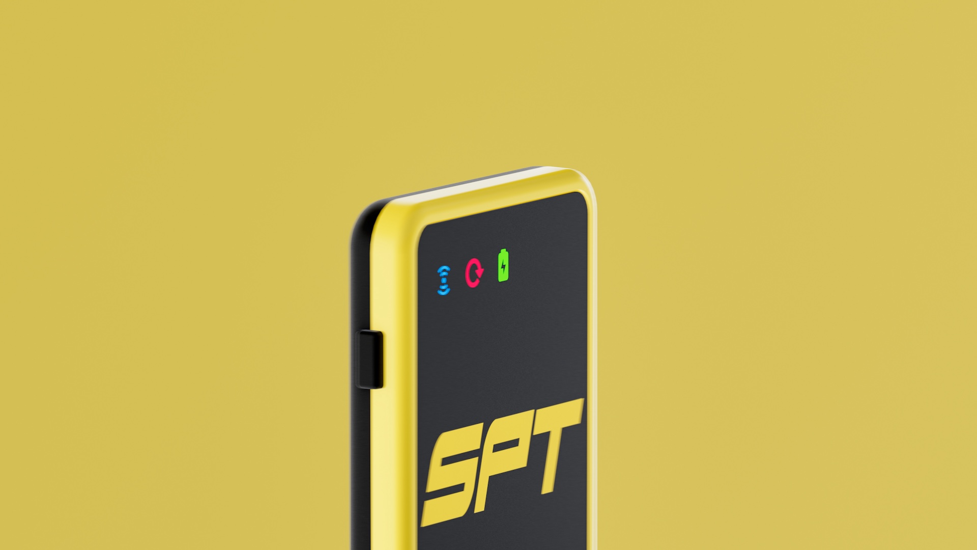 Yellow and black SPT-NXT wearable tracker upright against yellow, Bluetooth, sync and battery icons above the SPT logo