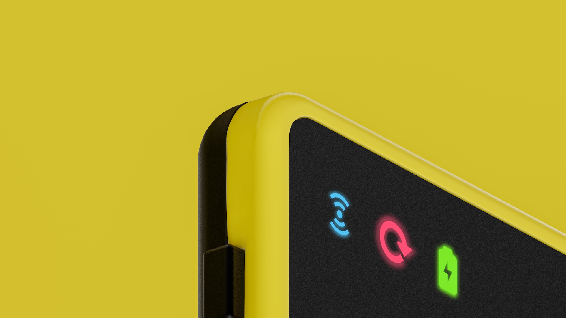 Close-up of the tracker's top corner with glowing Bluetooth, sync and battery status icons on the black face