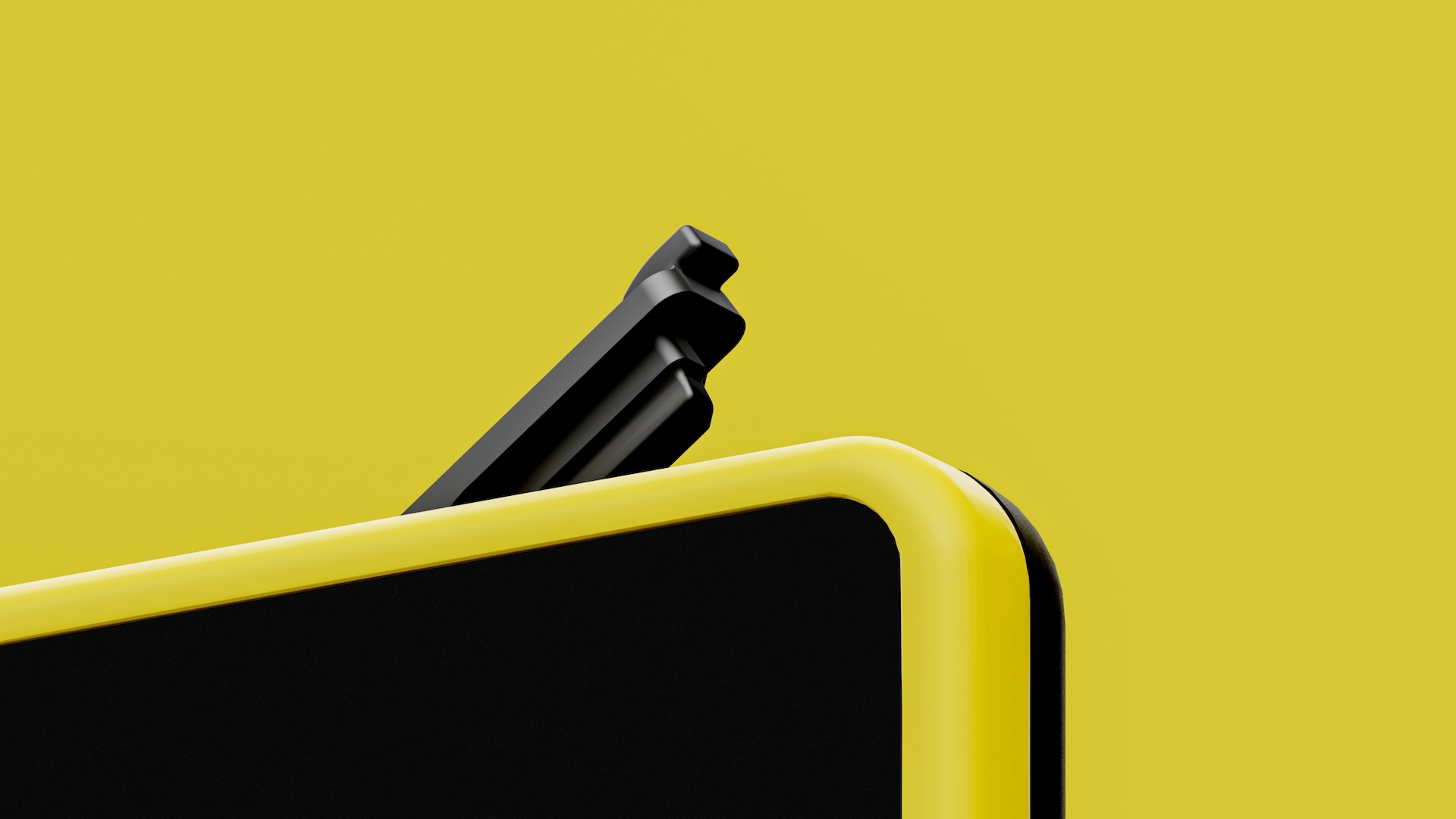 Hinged seal latch open on the top edge of the yellow and black wearable, seen in close-up against a yellow background