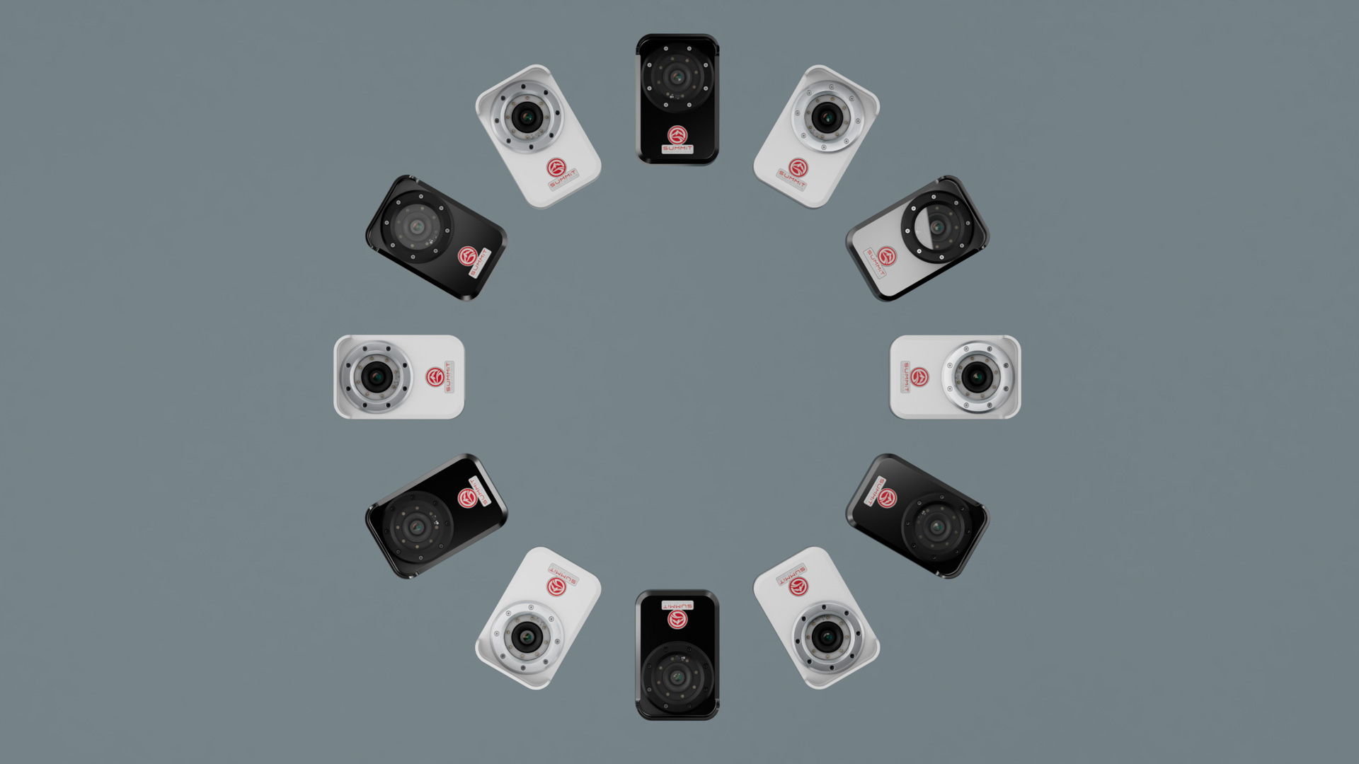 Twelve ORB-iT units arranged in a ring, alternating black and white housings, each with a lens circled by infrared LEDs