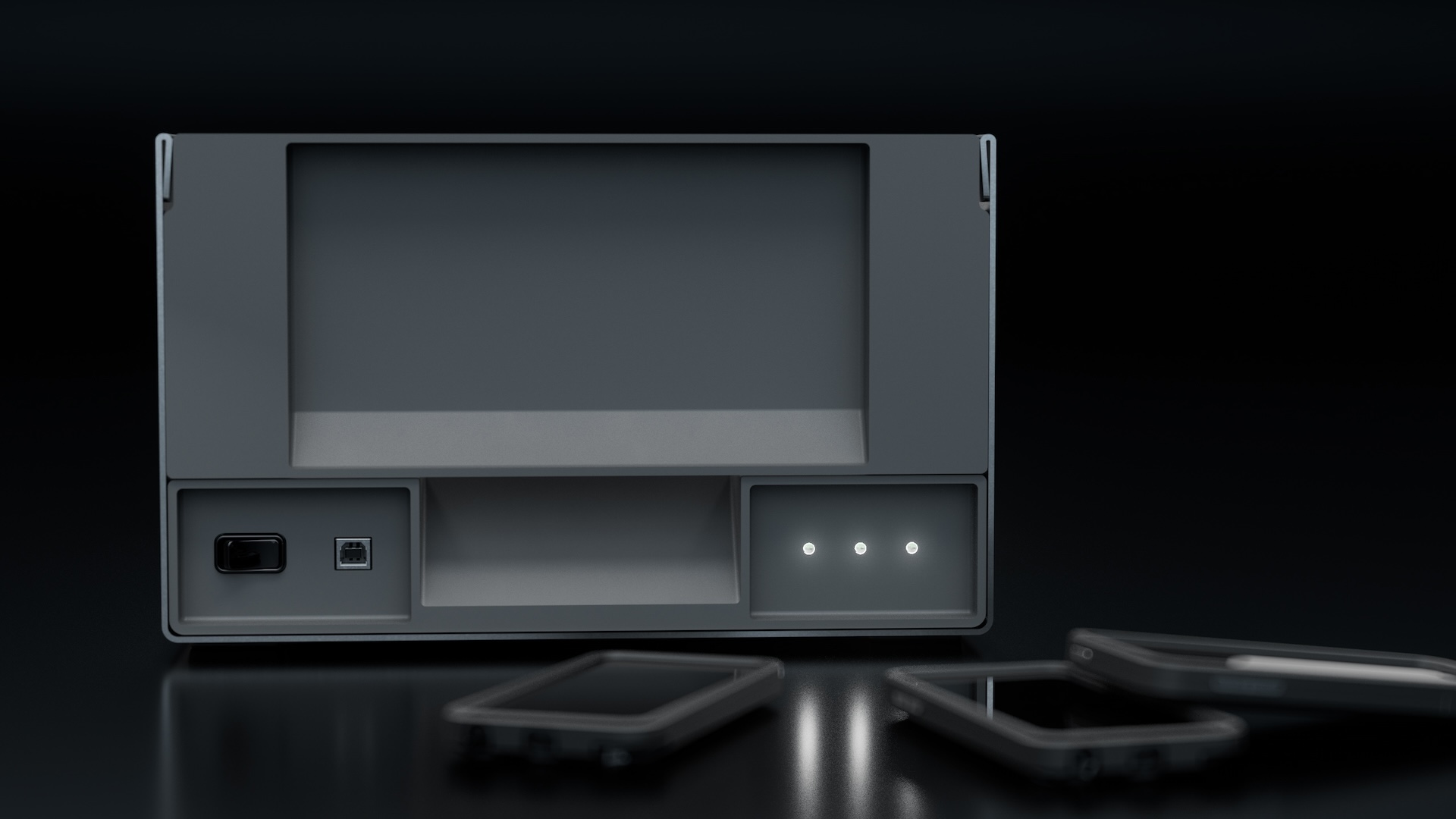 Front render of the charging bay showing its power switch, USB-B port and three status LEDs, with cased iPods in front